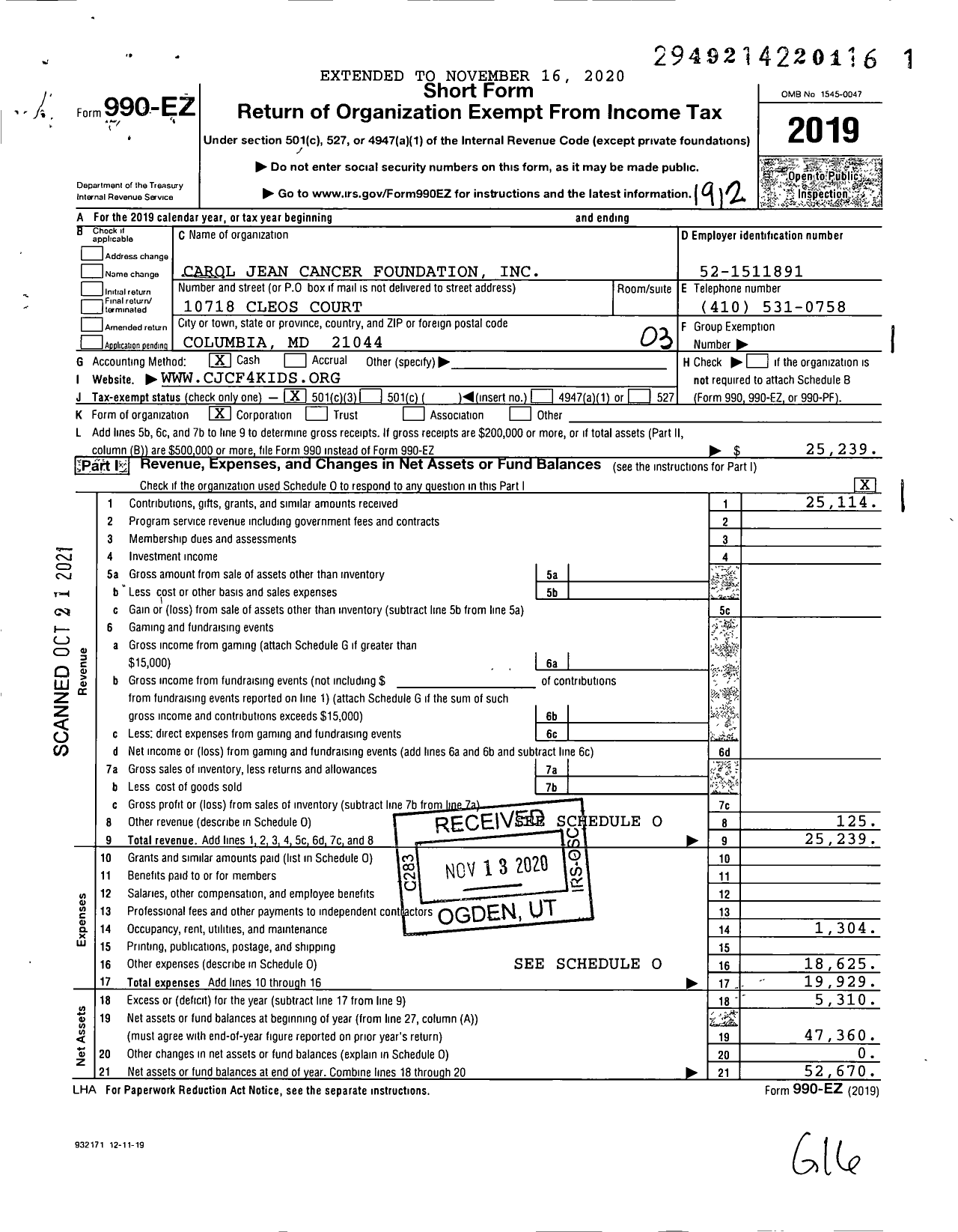 Image of first page of 2019 Form 990EZ for Carol Jean Cancer Foundation