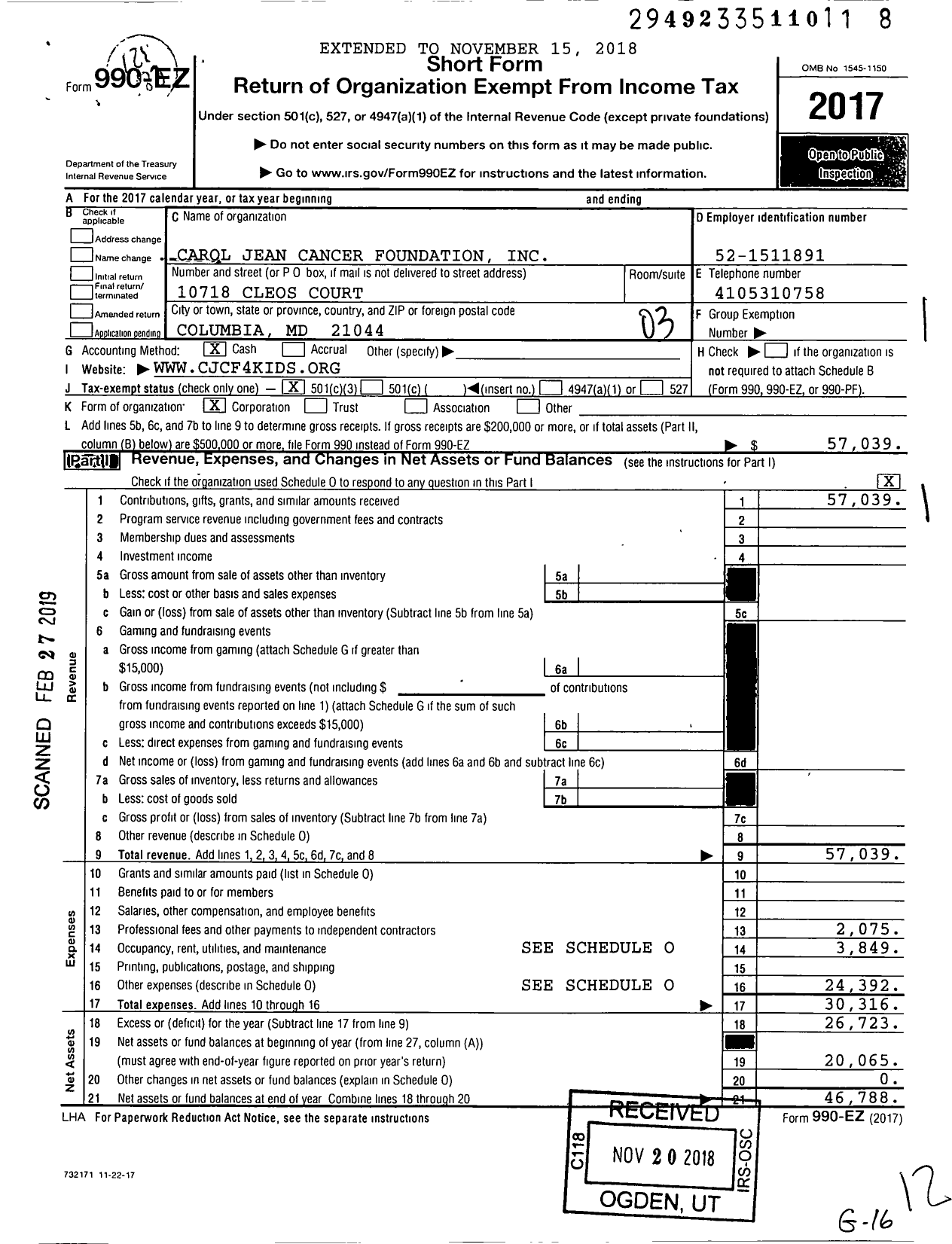 Image of first page of 2017 Form 990EZ for Carol Jean Cancer Foundation