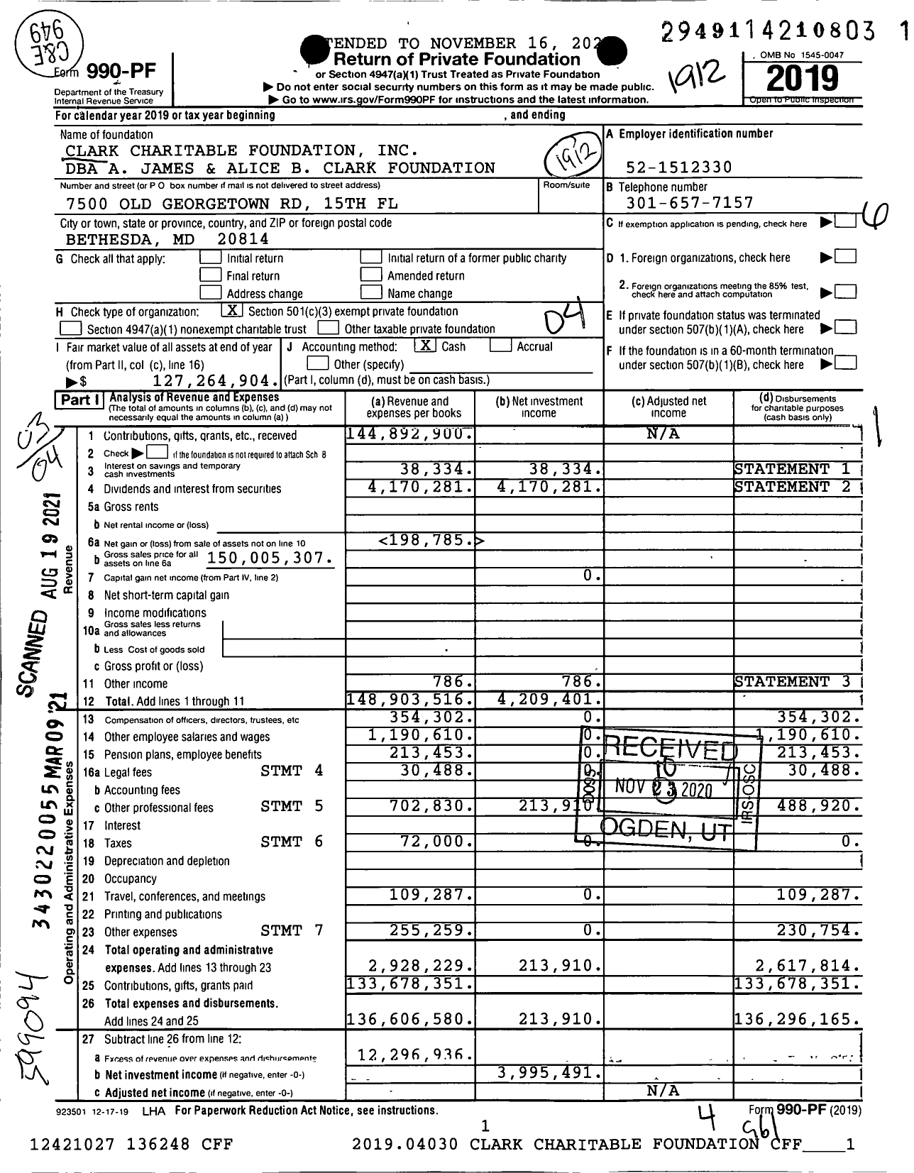 Image of first page of 2019 Form 990PF for A James and Alice B Clark Foundation