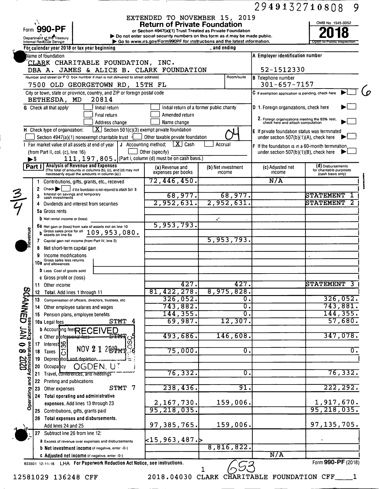 Image of first page of 2018 Form 990PF for A James and Alice B Clark Foundation