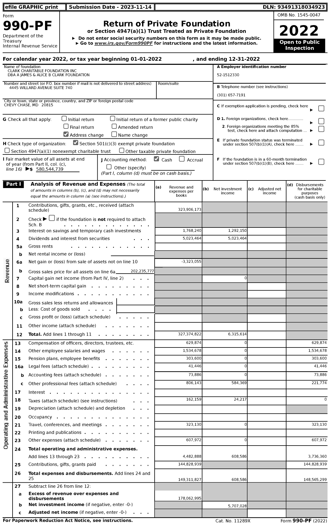 Image of first page of 2022 Form 990PF for A James and Alice B Clark Foundation