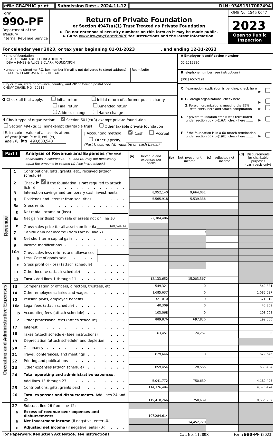 Image of first page of 2023 Form 990PF for A James and Alice B Clark Foundation