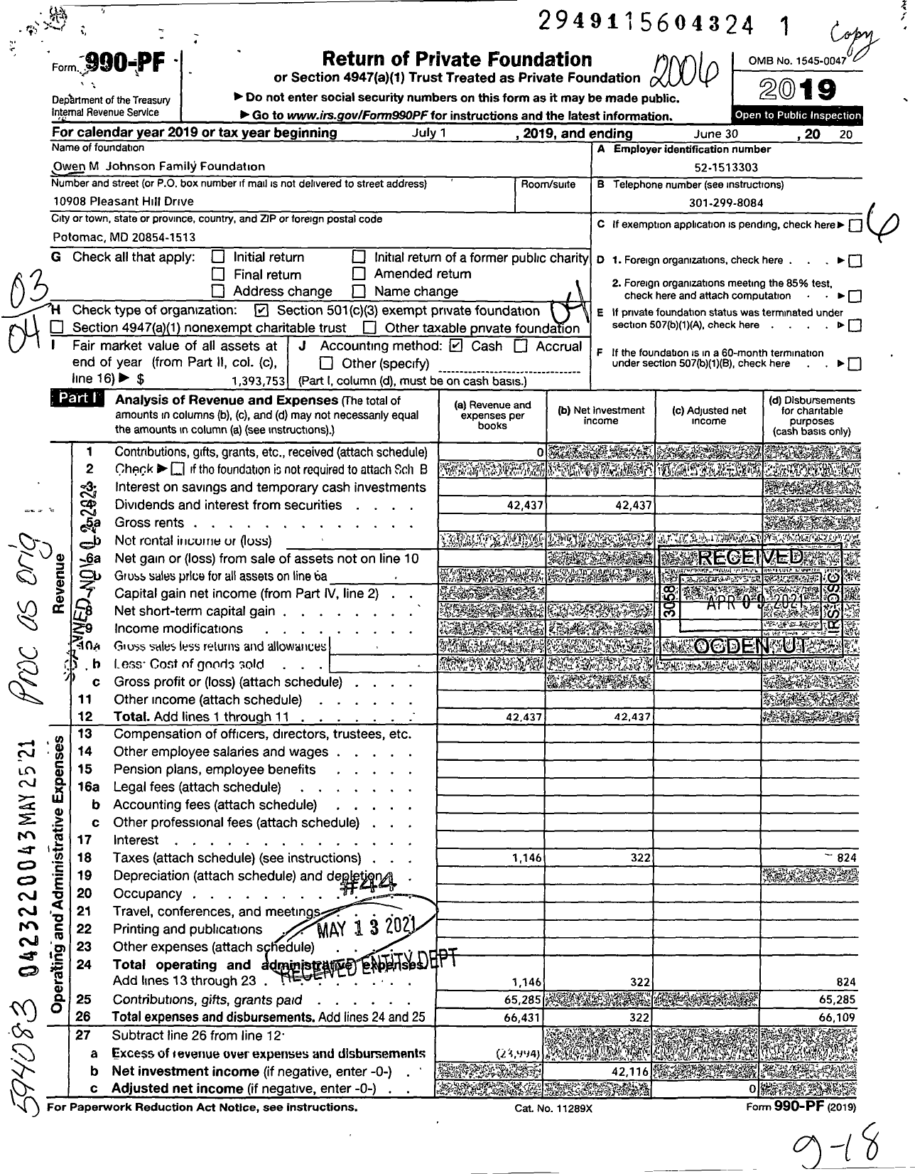 Image of first page of 2019 Form 990PF for Owen M Johnson Family Foundation