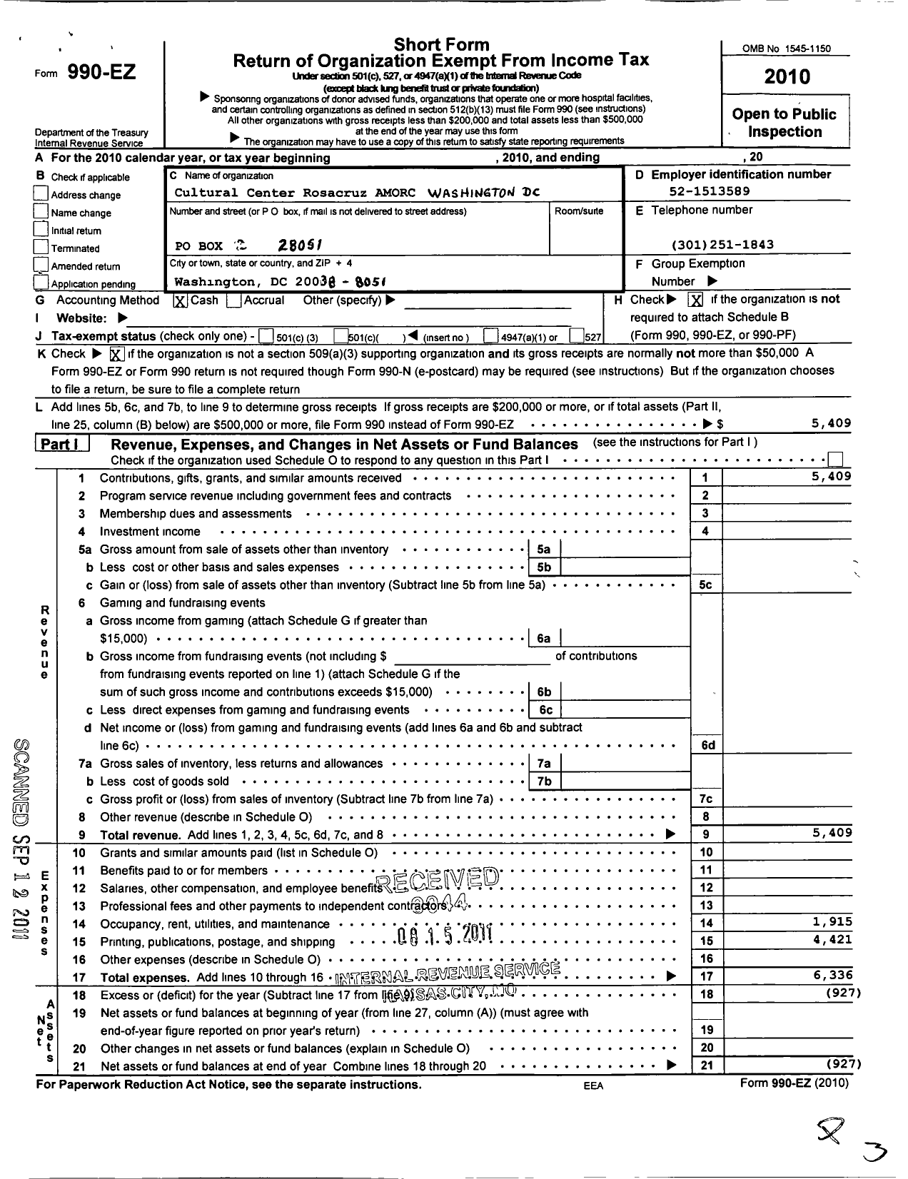 Image of first page of 2010 Form 990EO for Cultural Center Rosacruz Amorc Washington DC