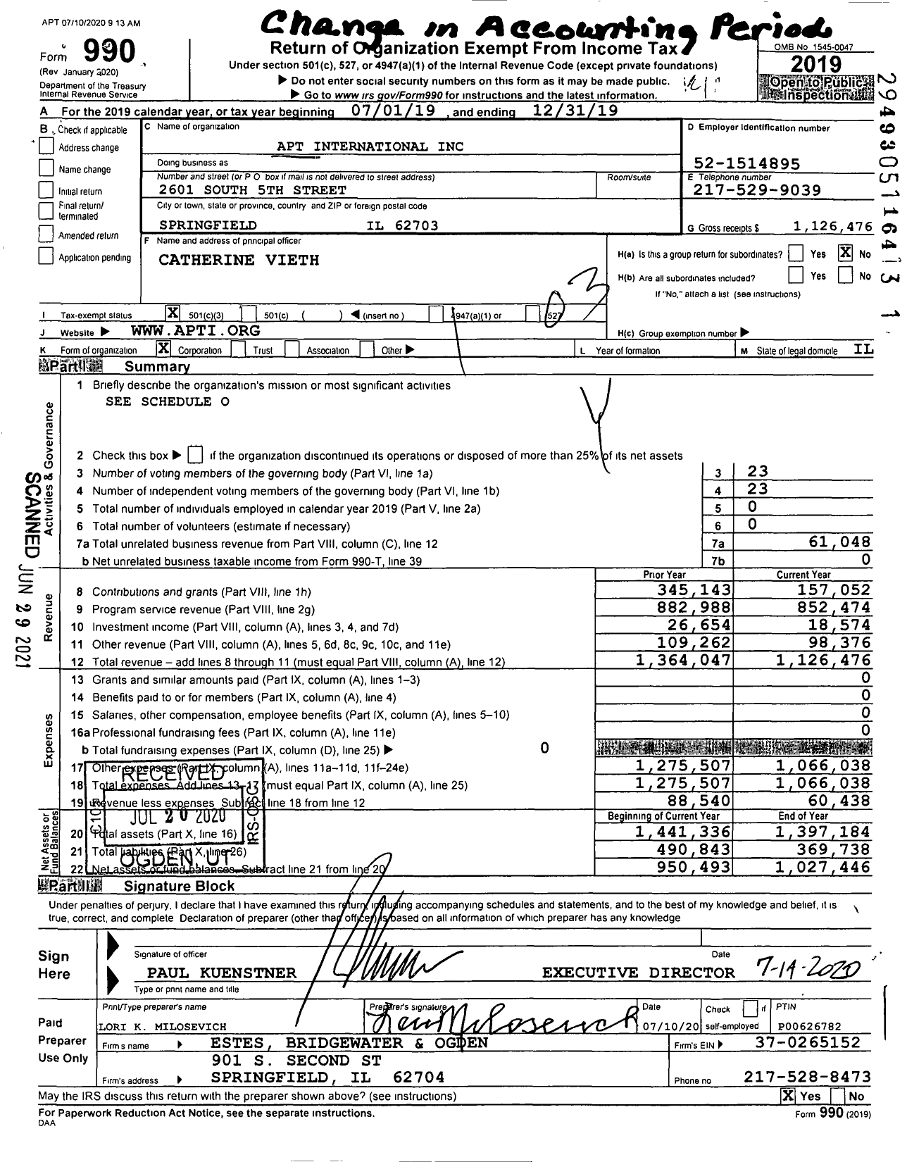 Image of first page of 2019 Form 990 for The Association for Preservation Technology (APT)