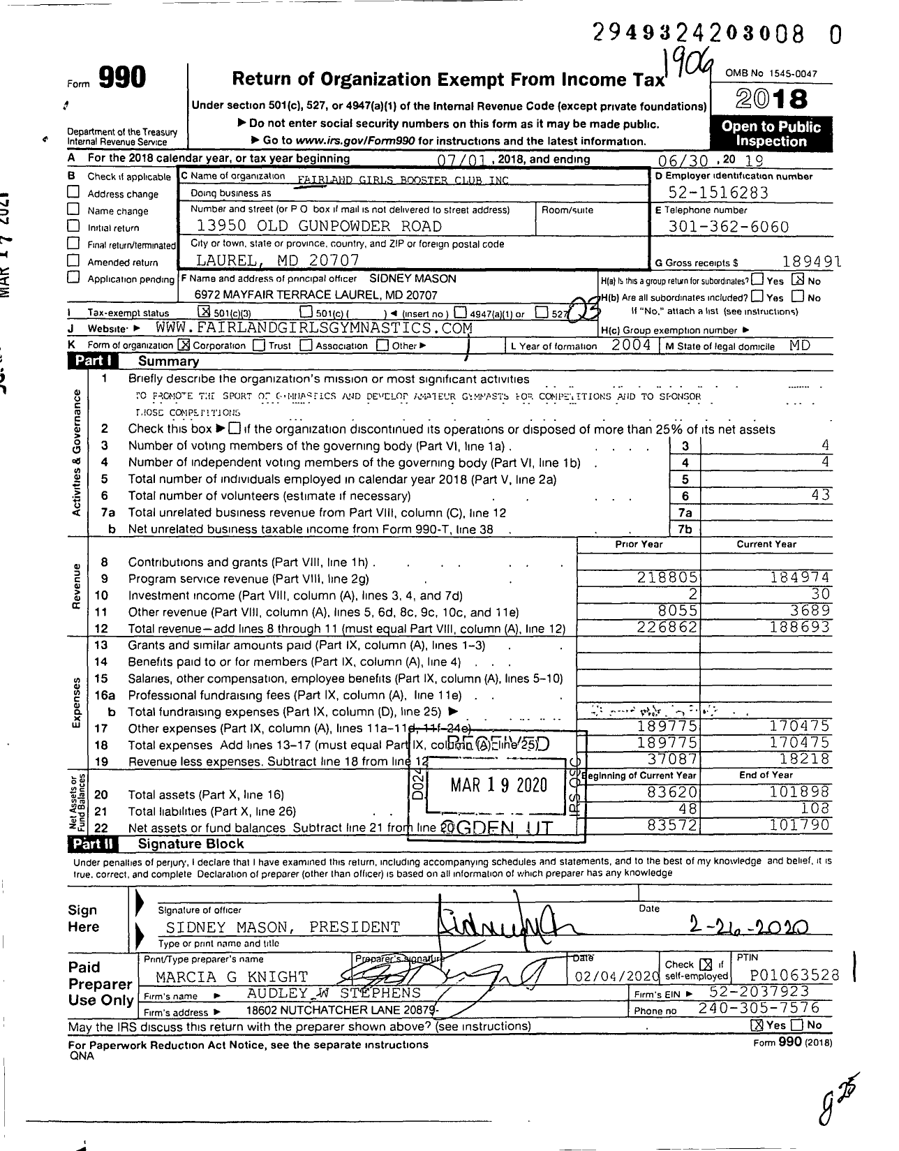 Image of first page of 2018 Form 990 for Fairland Girls Booster Club