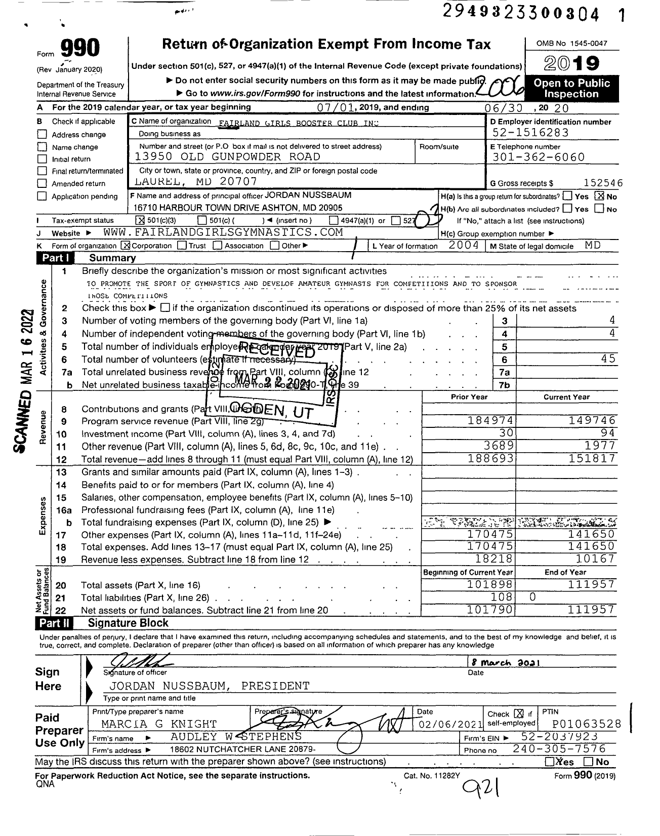 Image of first page of 2019 Form 990 for Fairland Girls Booster Club