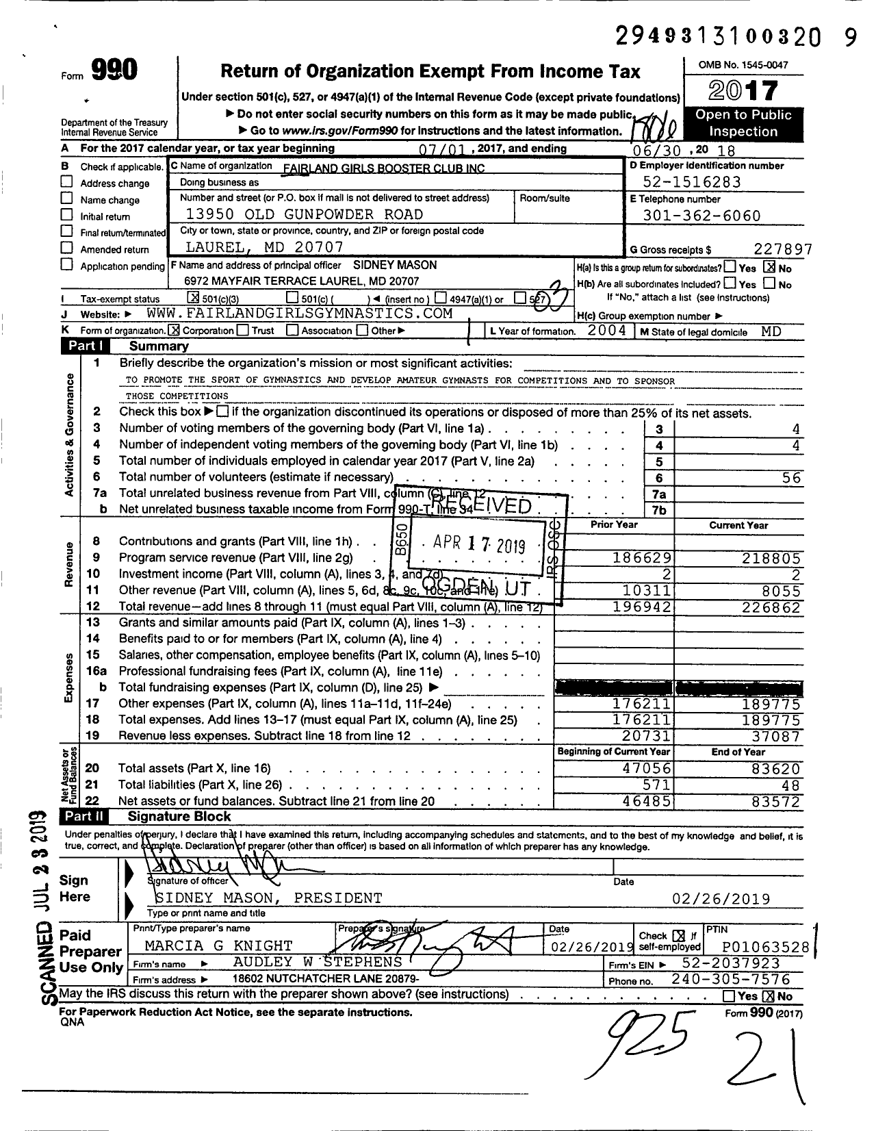 Image of first page of 2017 Form 990 for Fairland Girls Booster Club