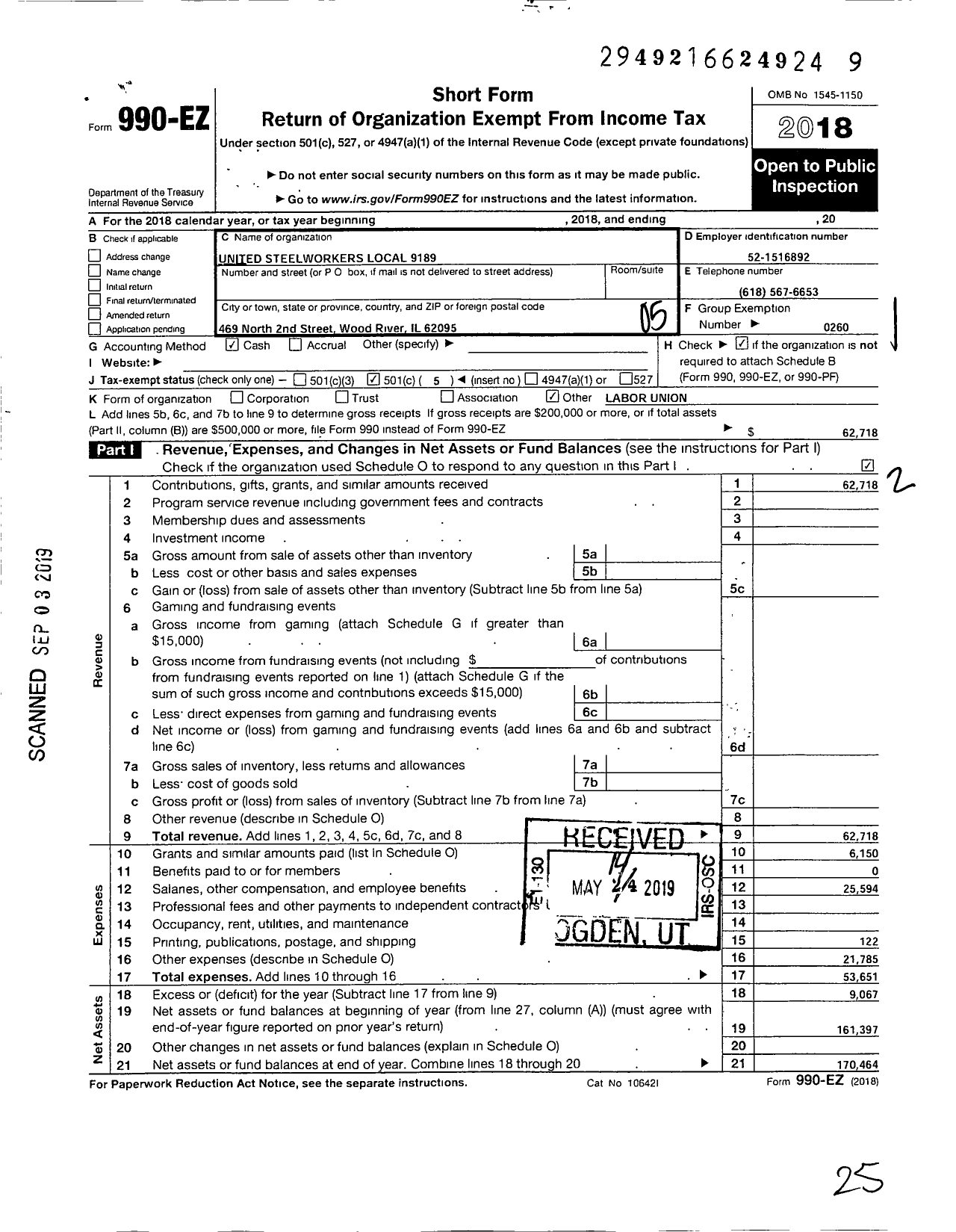 Image of first page of 2018 Form 990EO for United Steelworkers - 09189 Local