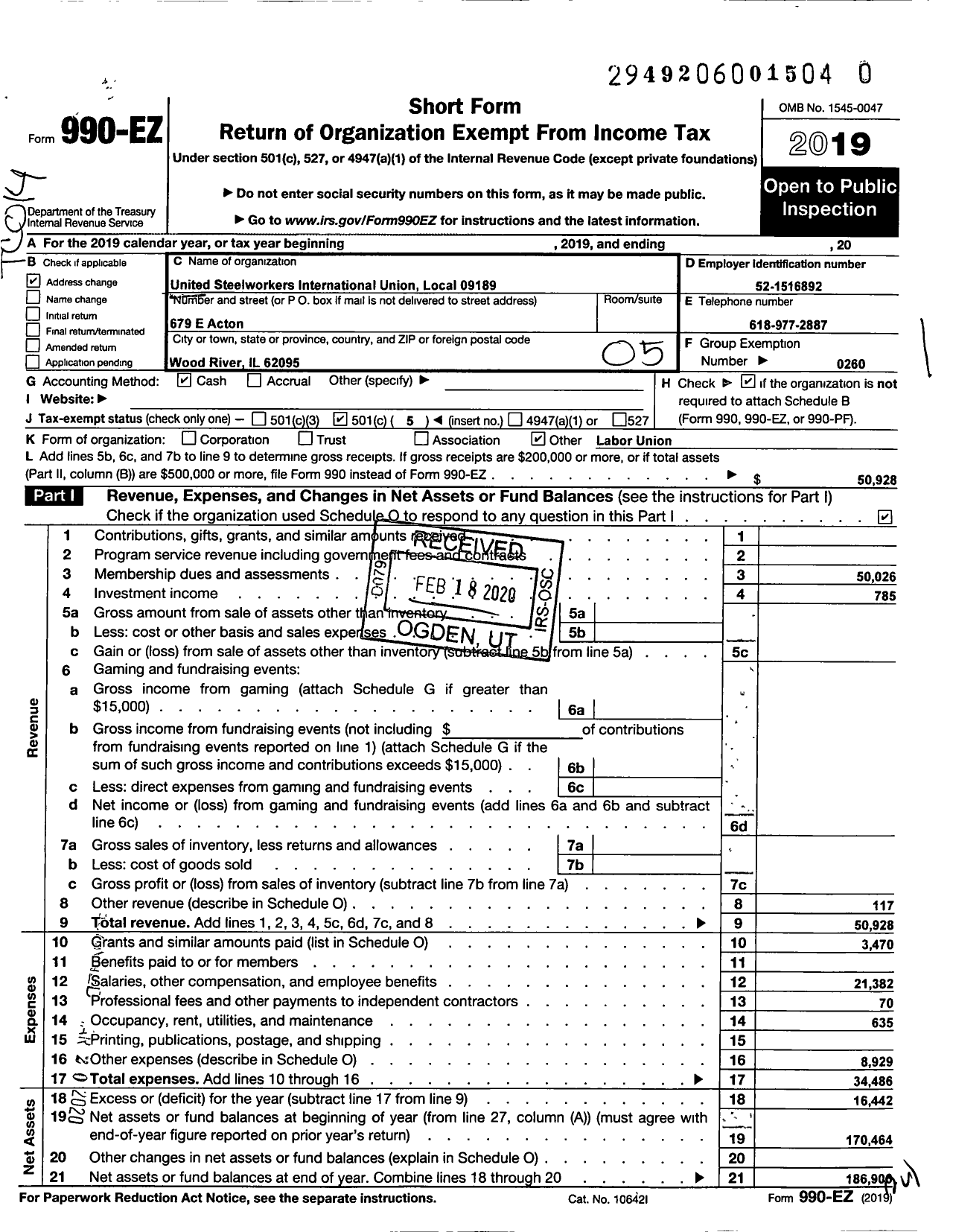 Image of first page of 2019 Form 990EO for United Steelworkers - 09189 Local