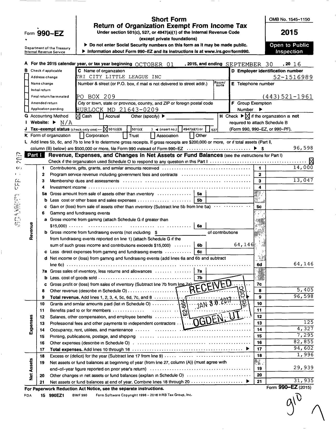 Image of first page of 2015 Form 990EZ for Little League Baseball - 2200607 Tri City LL