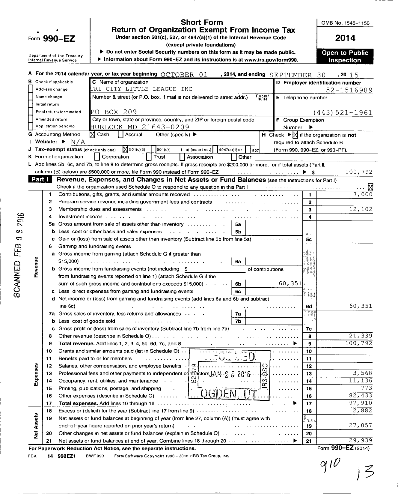 Image of first page of 2014 Form 990EZ for Little League Baseball - 2200607 Tri City LL