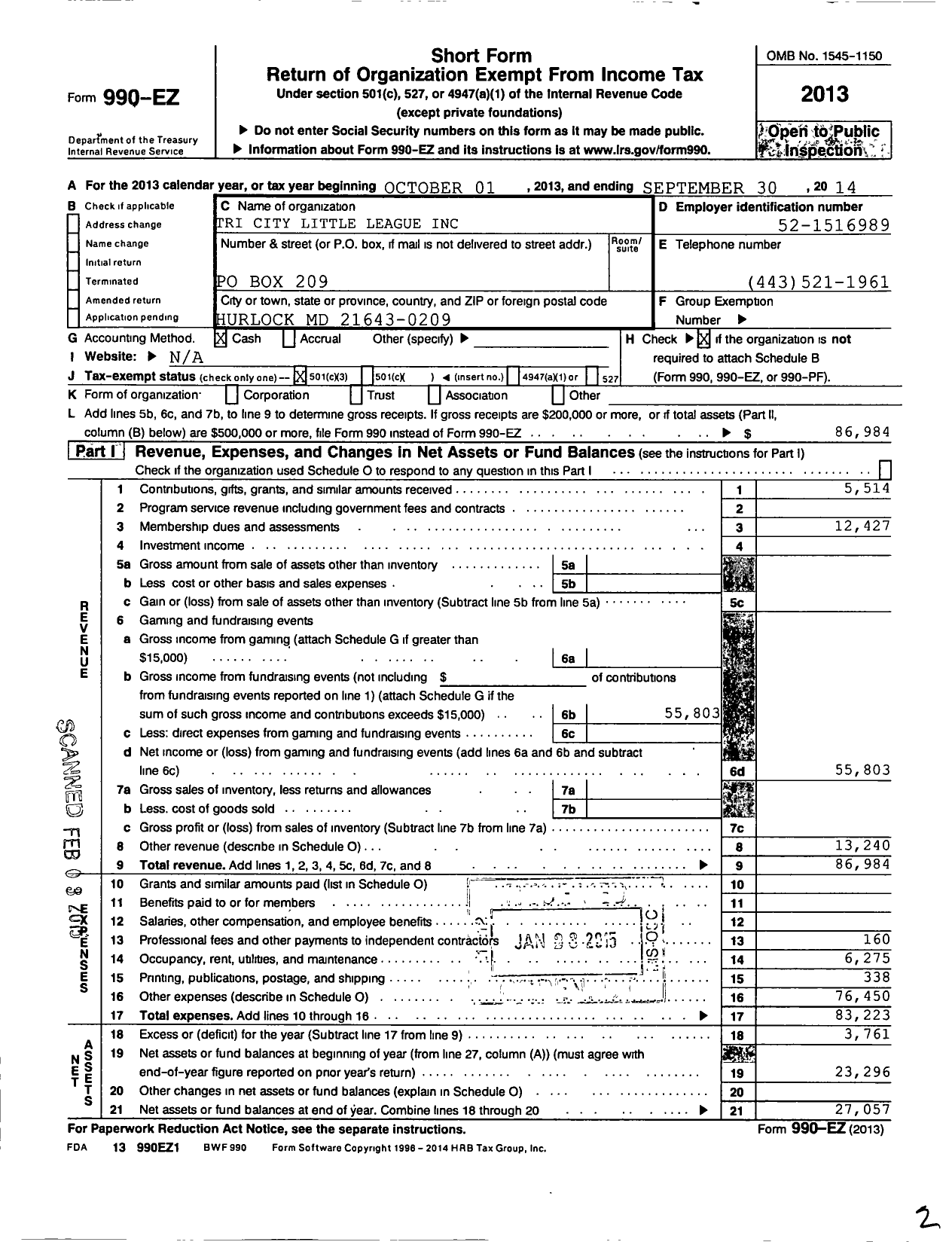 Image of first page of 2013 Form 990EZ for Little League Baseball - 2200607 Tri City LL