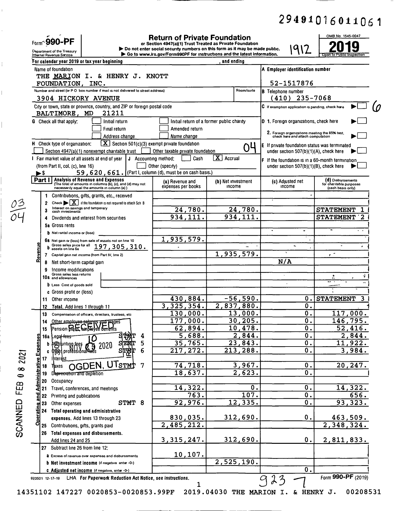 Image of first page of 2019 Form 990PF for The Marion I and Henry J Knott Foundation