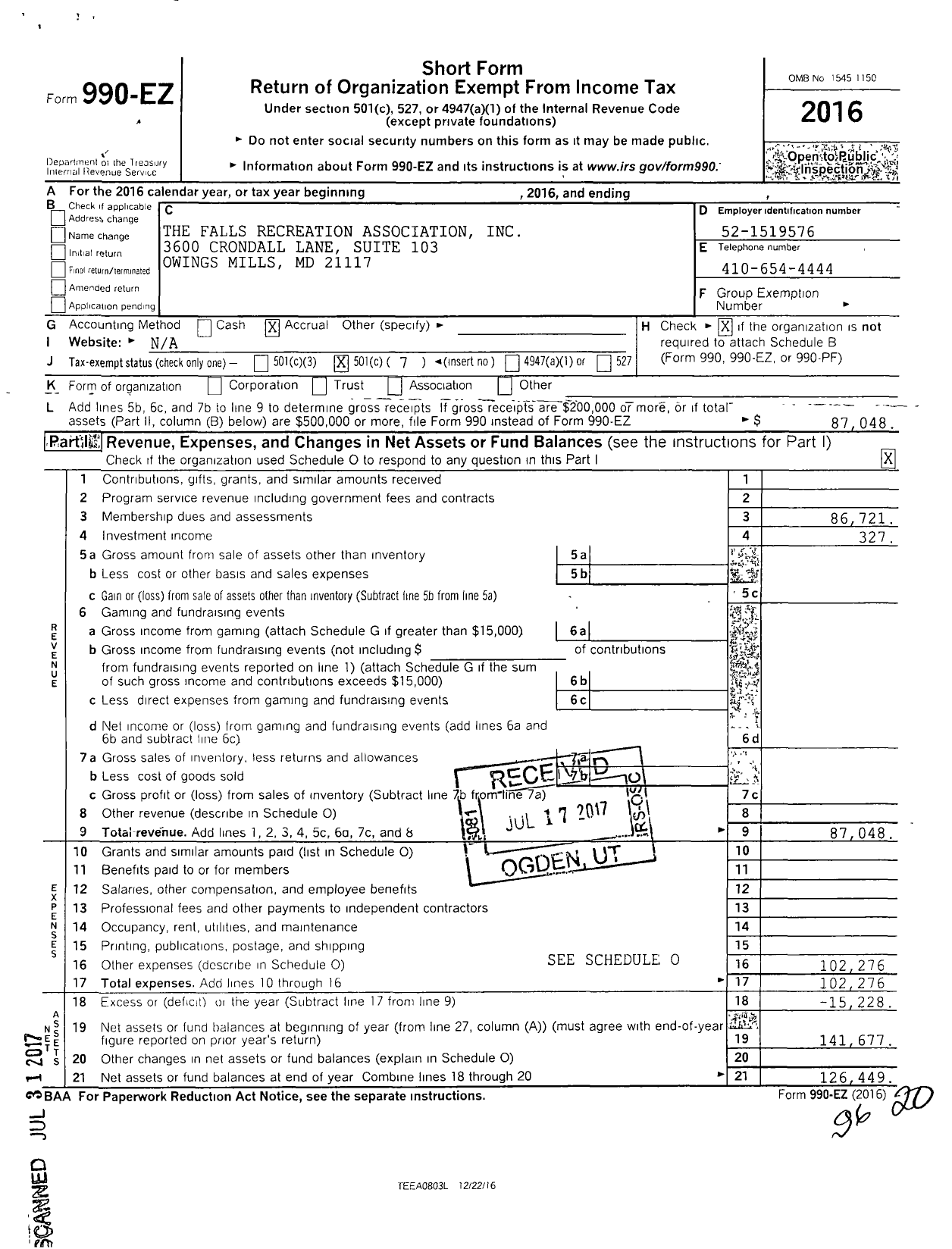 Image of first page of 2016 Form 990EO for The Falls Recreation Association