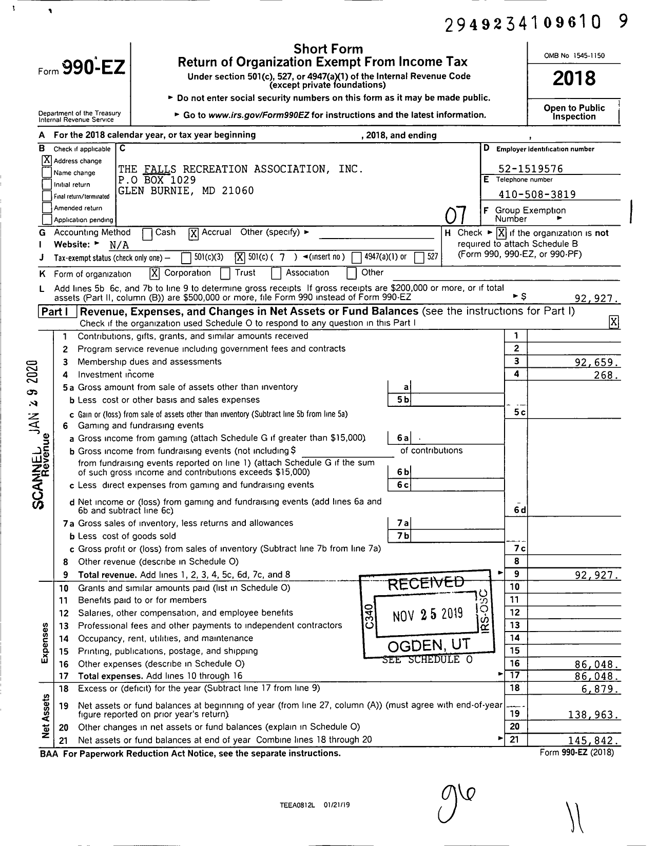 Image of first page of 2018 Form 990EO for The Falls Recreation Association