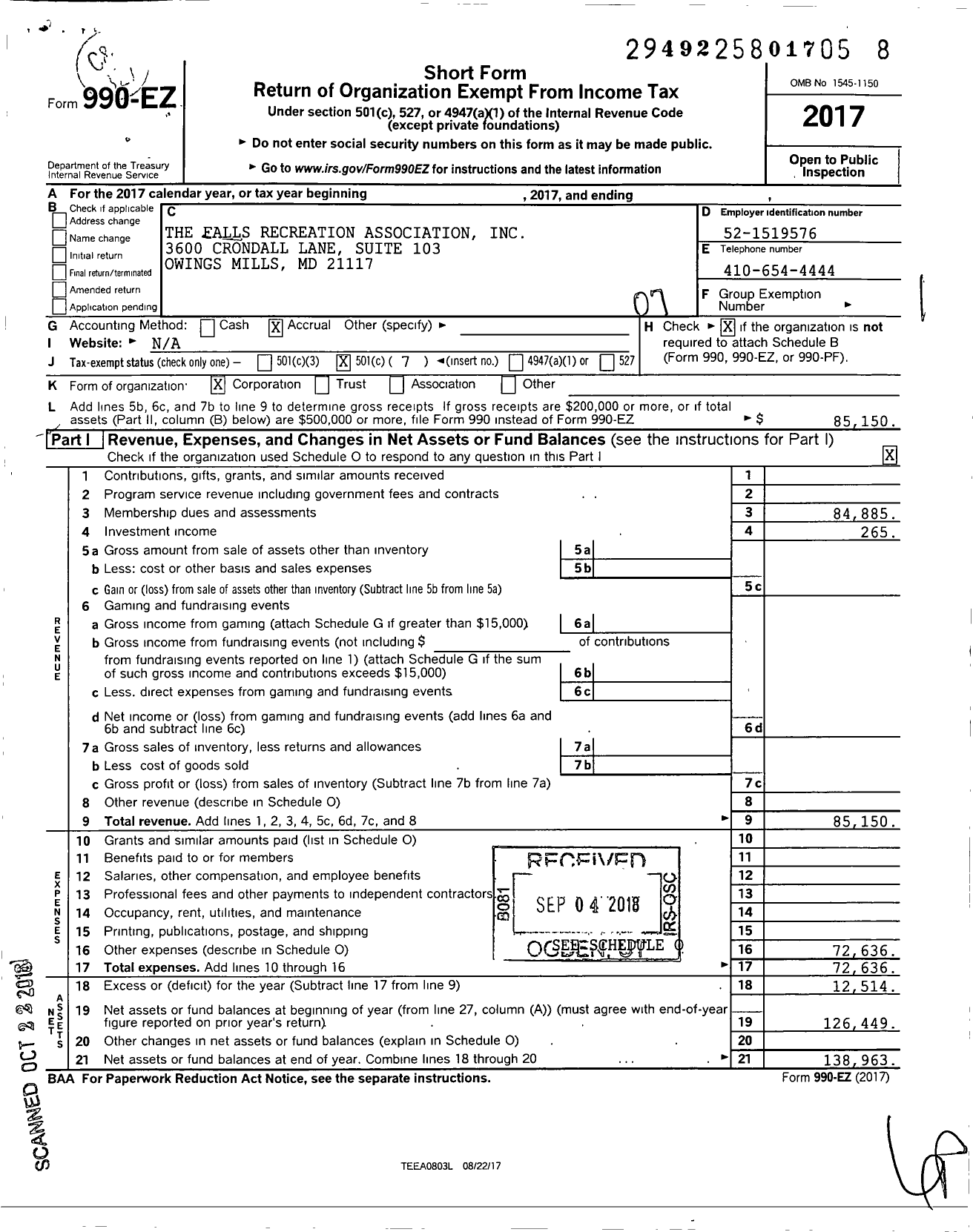 Image of first page of 2017 Form 990EO for The Falls Recreation Association