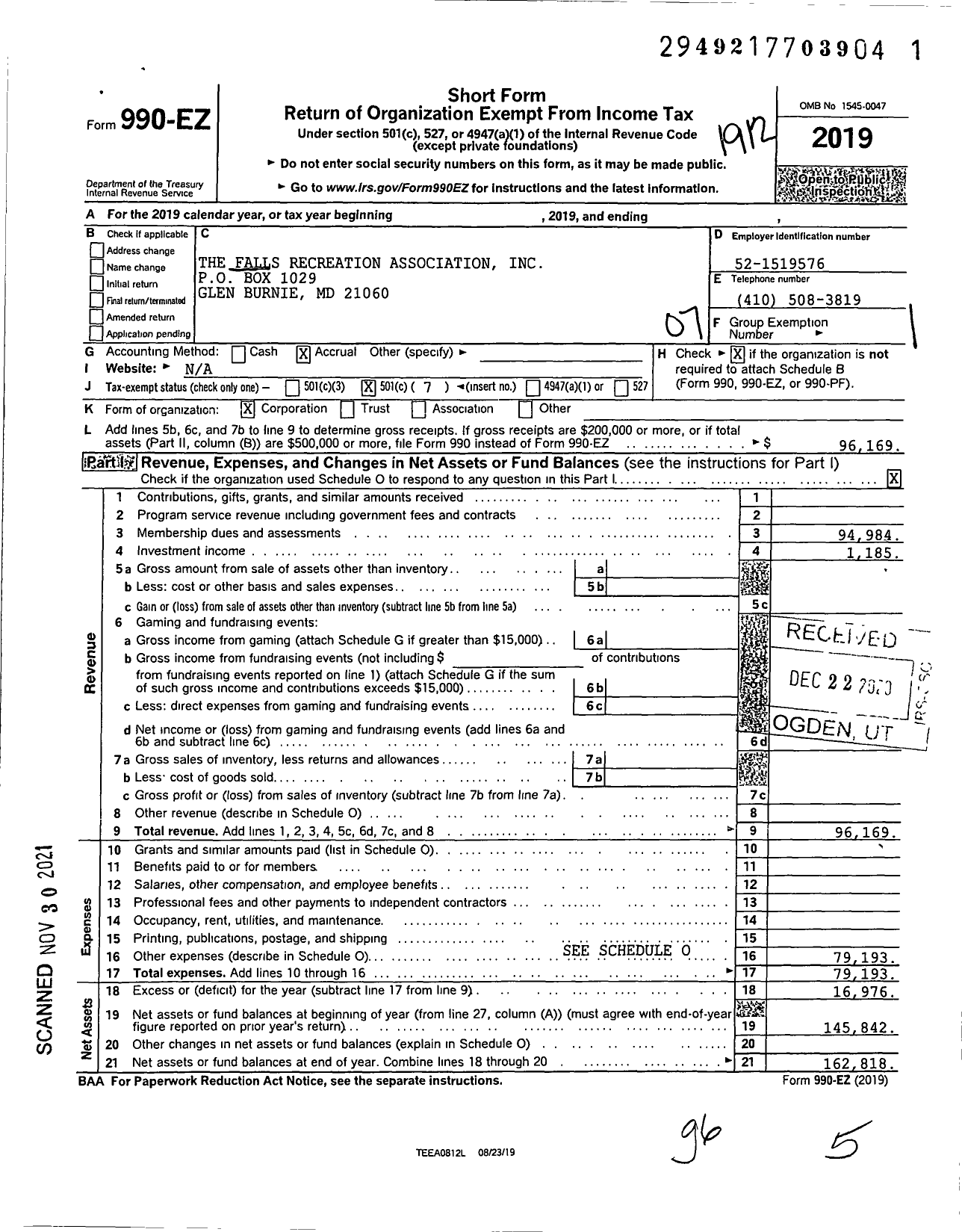 Image of first page of 2019 Form 990EO for The Falls Recreation Association