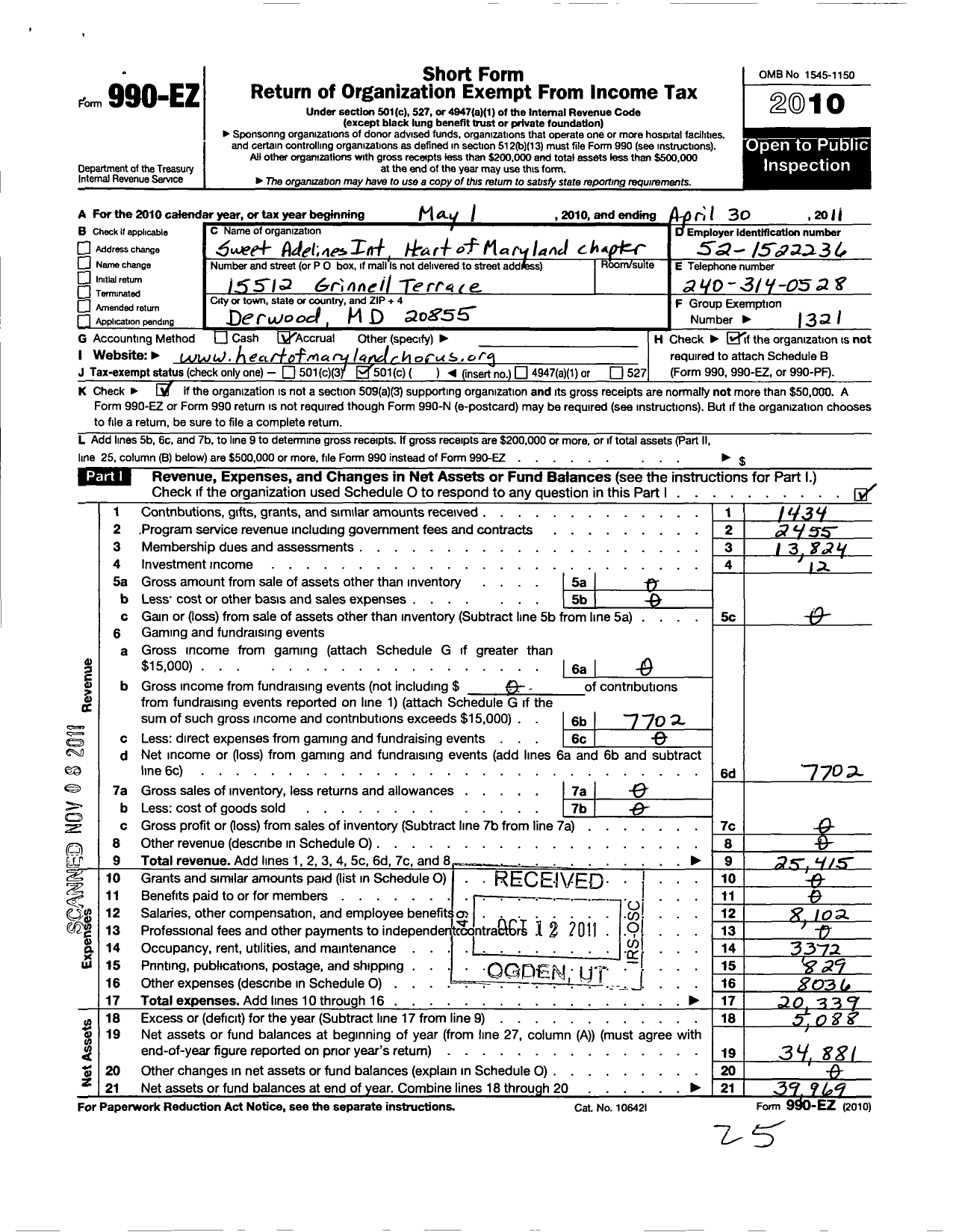 Image of first page of 2010 Form 990EO for Sweet Adelines International - Heart of Maryland