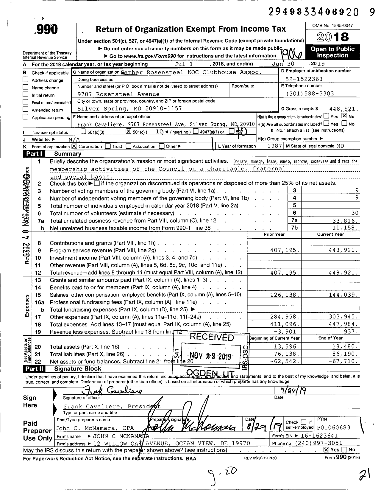 Image of first page of 2018 Form 990O for Father Rosensteel KOC Clubhouse Assoc