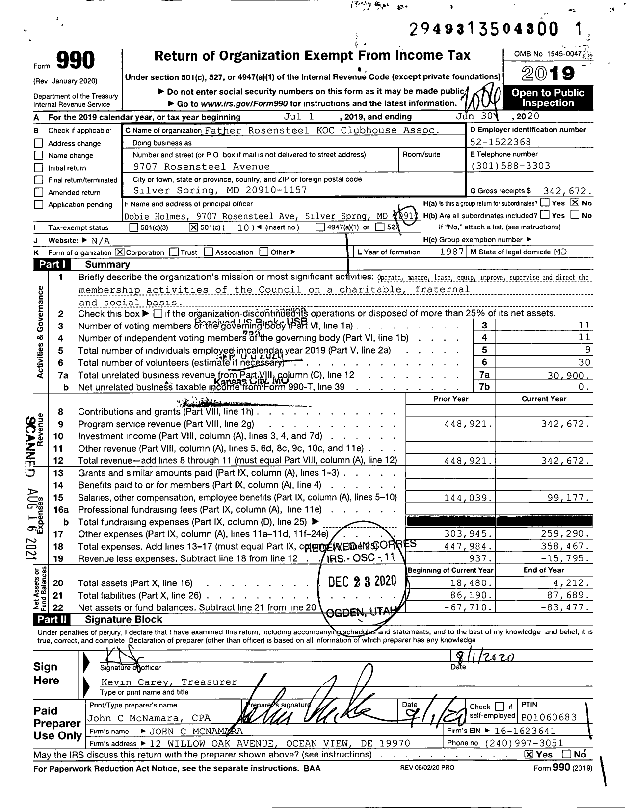 Image of first page of 2019 Form 990O for Father Rosensteel KOC Clubhouse Assoc