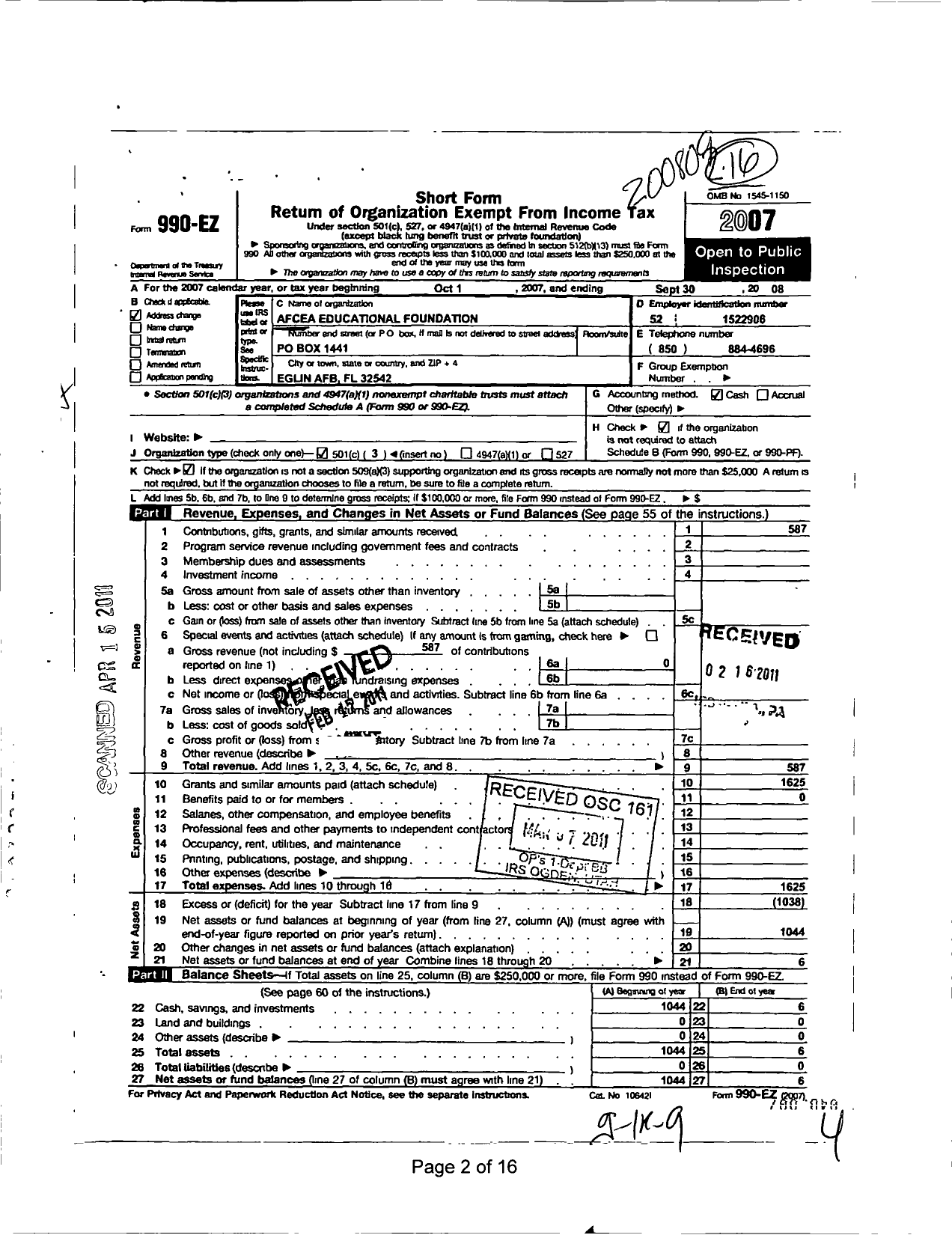 Image of first page of 2007 Form 990EZ for Afcea Educational Foundation / Emerald Coast Chapter