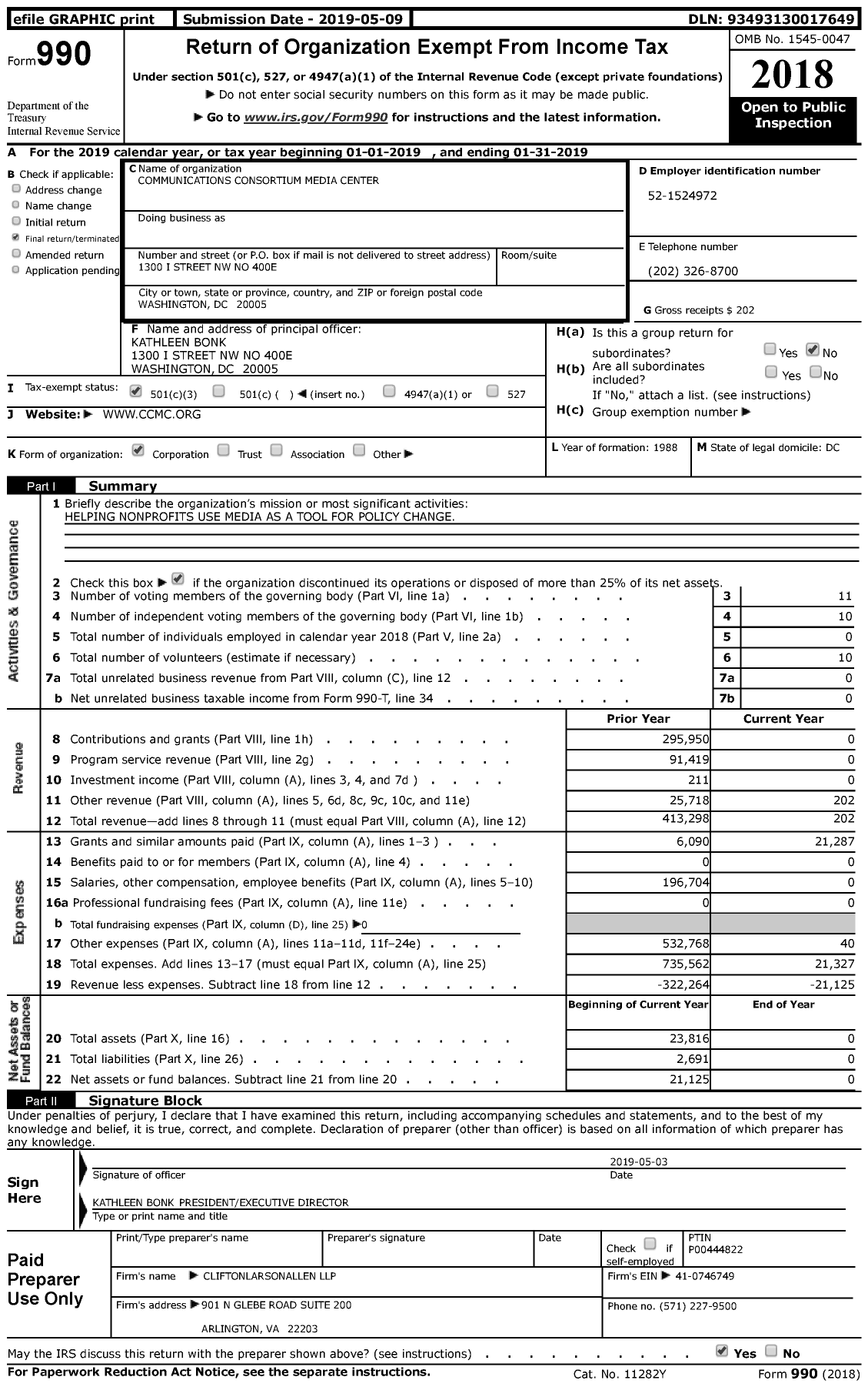 Image of first page of 2018 Form 990 for Communications Consortium Media Center (CCMC)