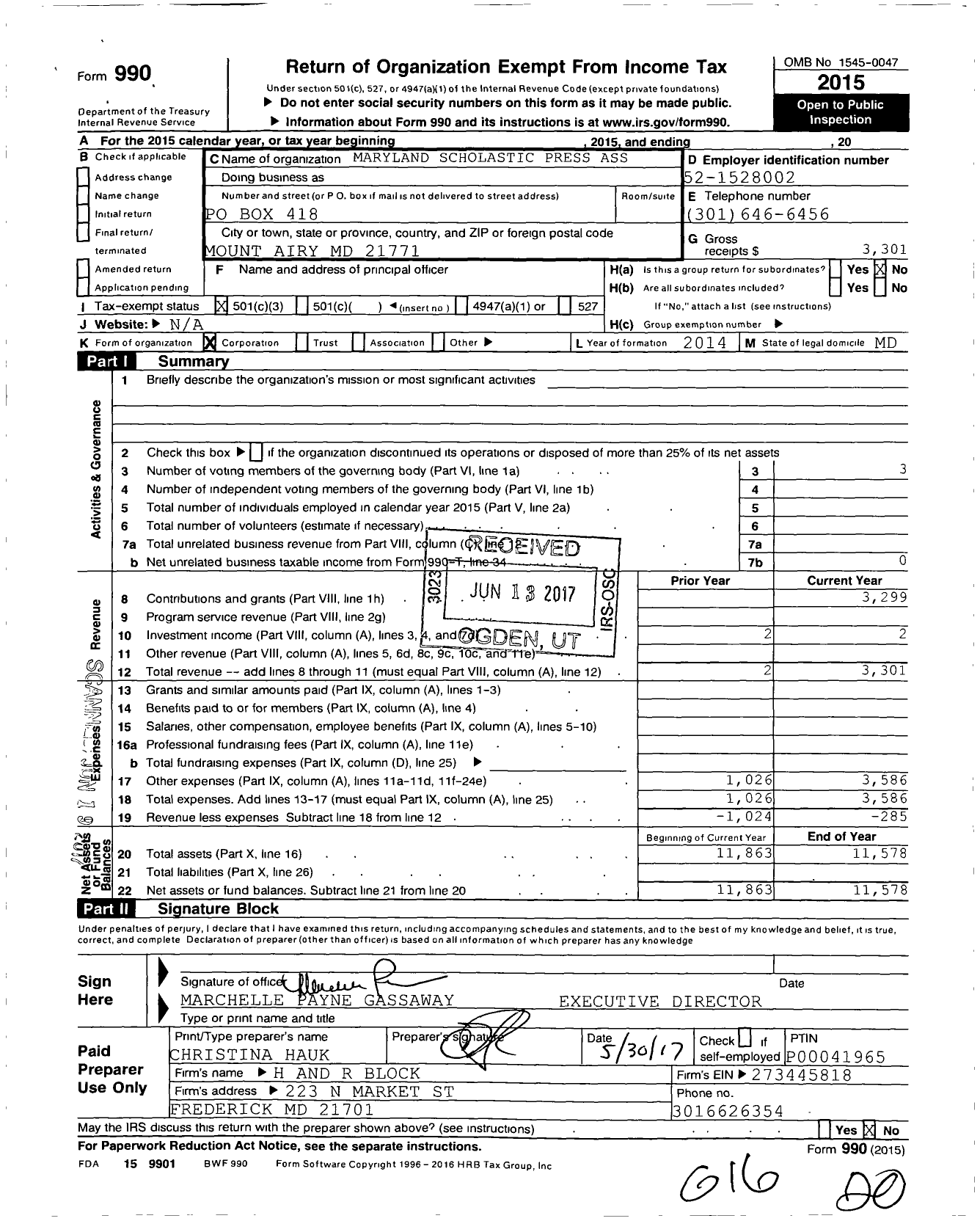 Image of first page of 2015 Form 990 for Maryland Scholastic Press Advisers Association College of Journalism