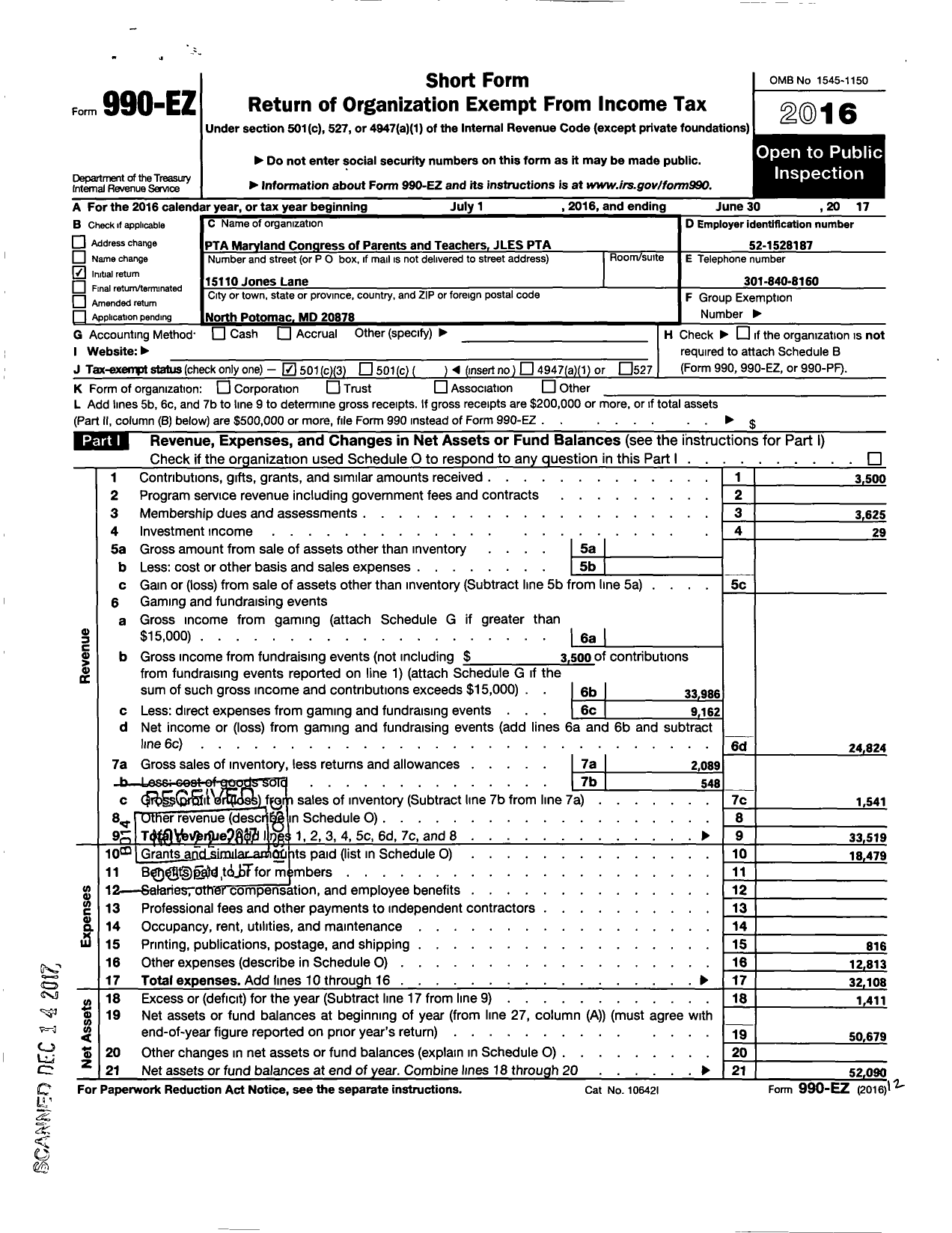 Image of first page of 2016 Form 990EZ for PTA Maryland Congress of Parent and Teachers / Jones Lane Elementary-Montgomery