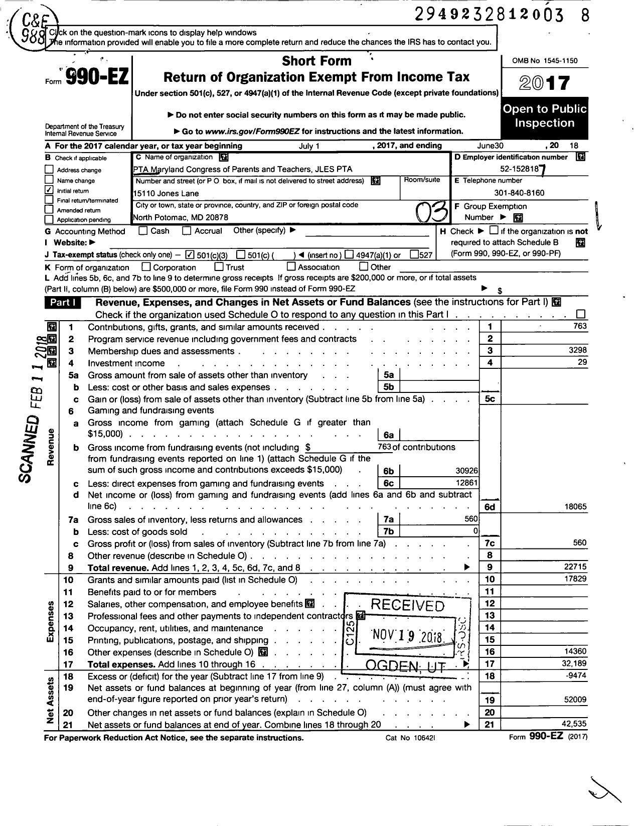 Image of first page of 2017 Form 990EZ for PTA Maryland Congress of Parent and Teachers / Jones Lane Elementary-Montgomery