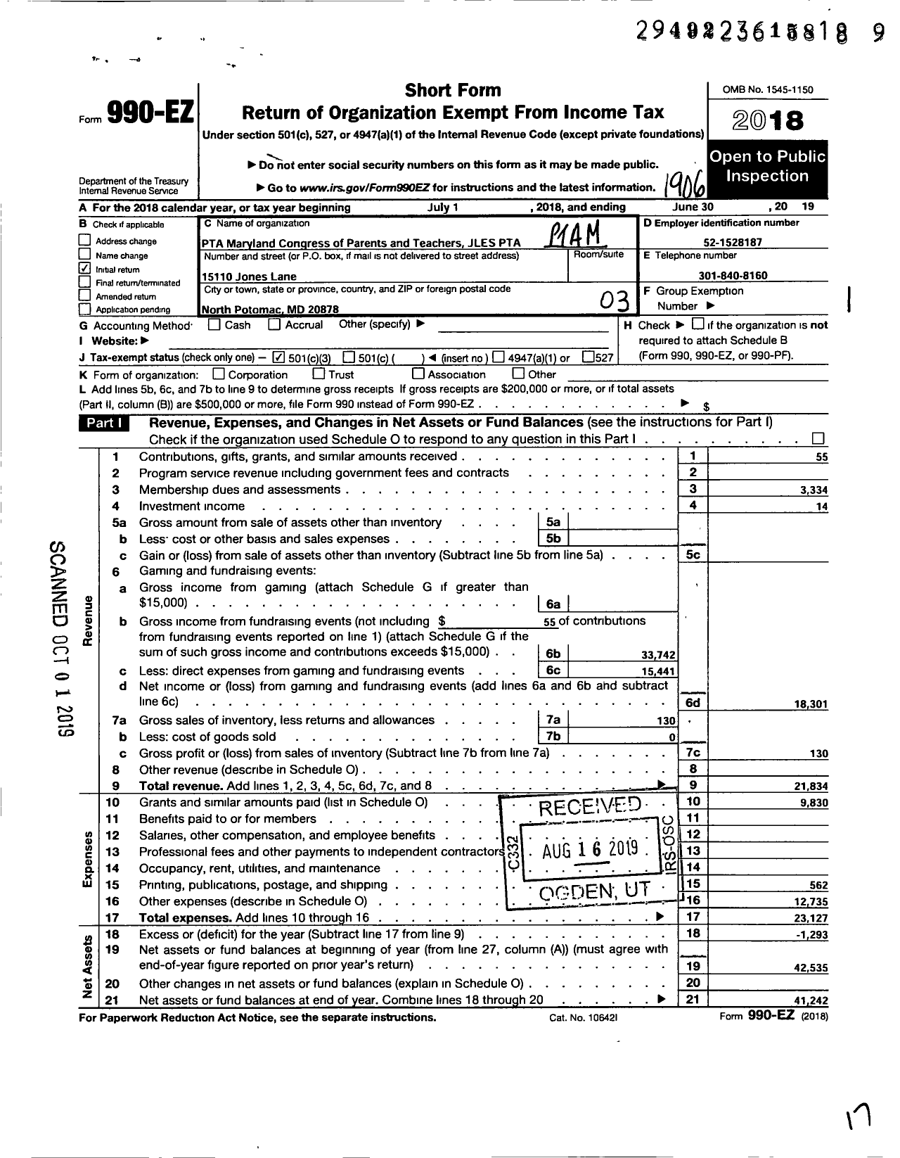 Image of first page of 2018 Form 990EZ for PTA Maryland Congress of Parent and Teachers / Jones Lane Elementary-Montgomery