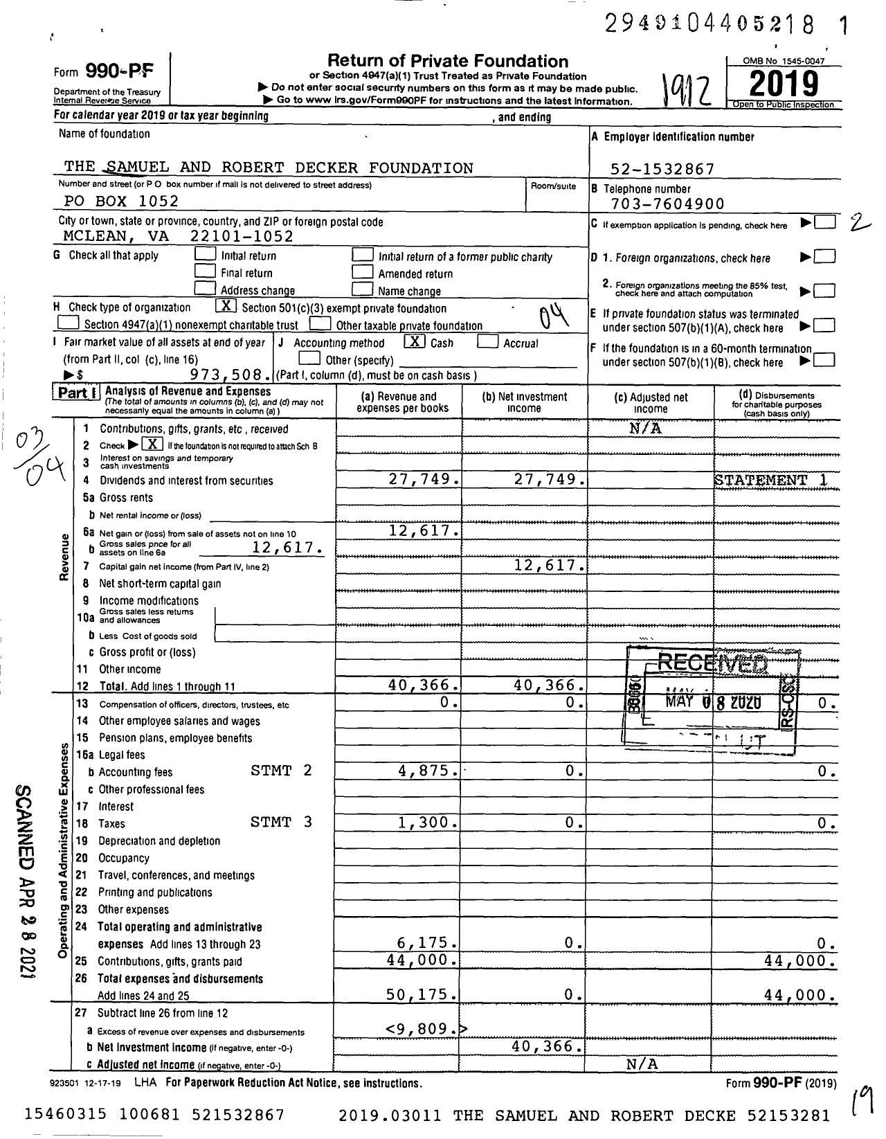 Image of first page of 2019 Form 990PF for The Samuel and Robert Decker Foundation