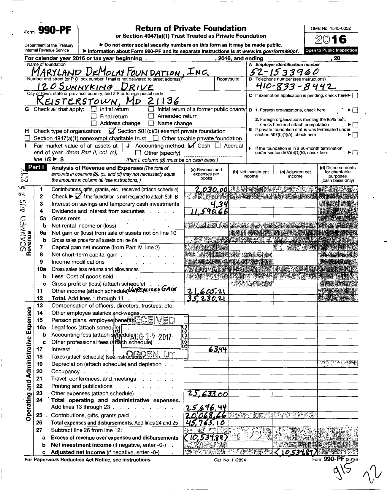 Image of first page of 2016 Form 990PF for Maryland Demolay Foundation