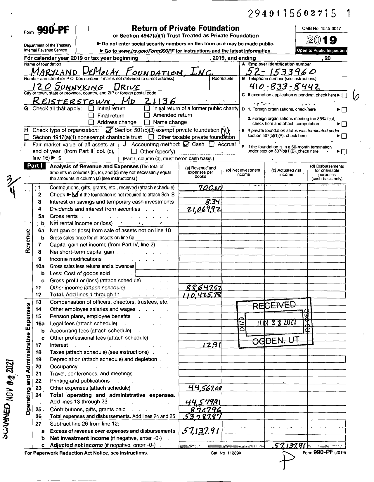 Image of first page of 2019 Form 990PF for Maryland Demolay Foundation