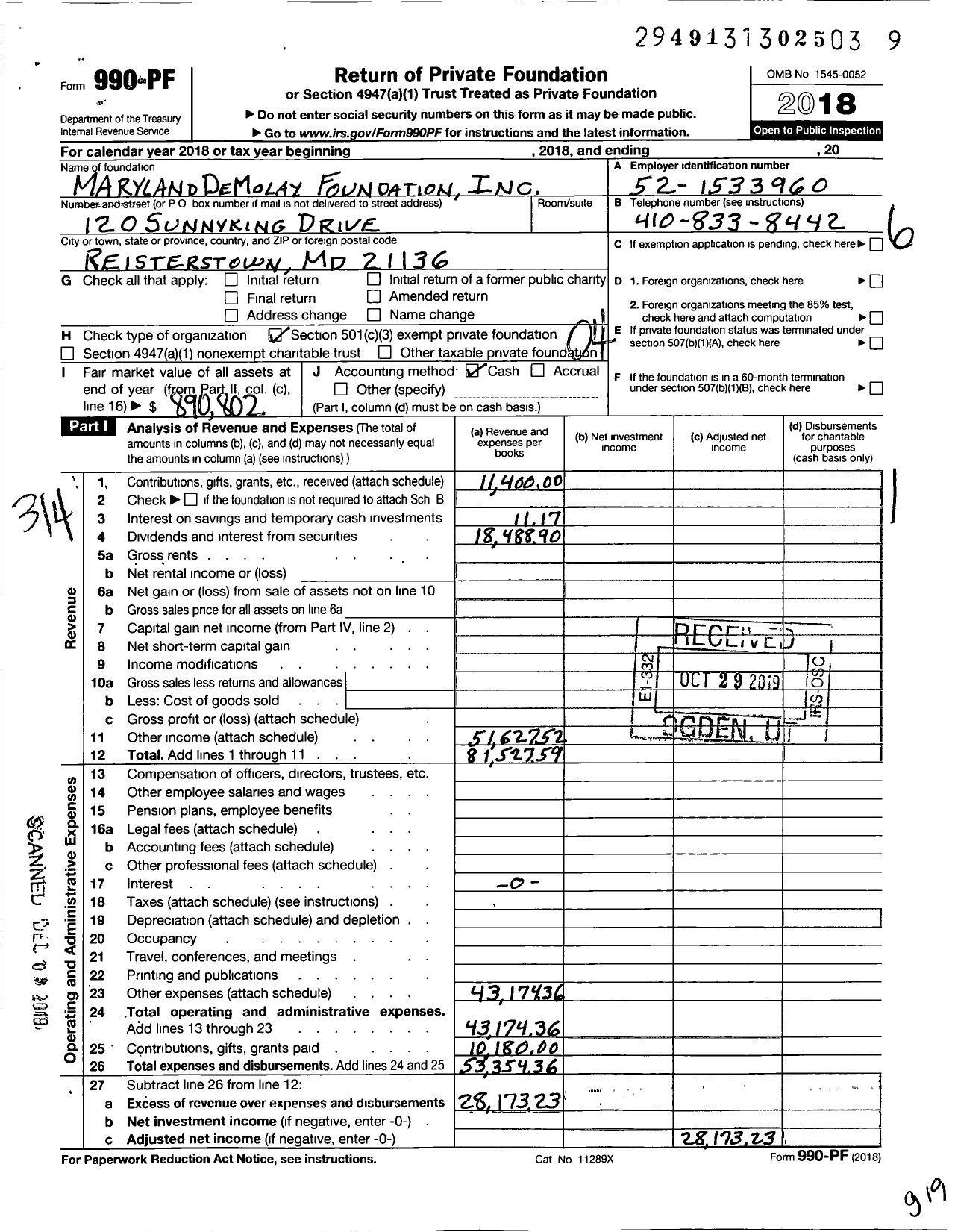 Image of first page of 2018 Form 990PF for Maryland Demolay Foundation