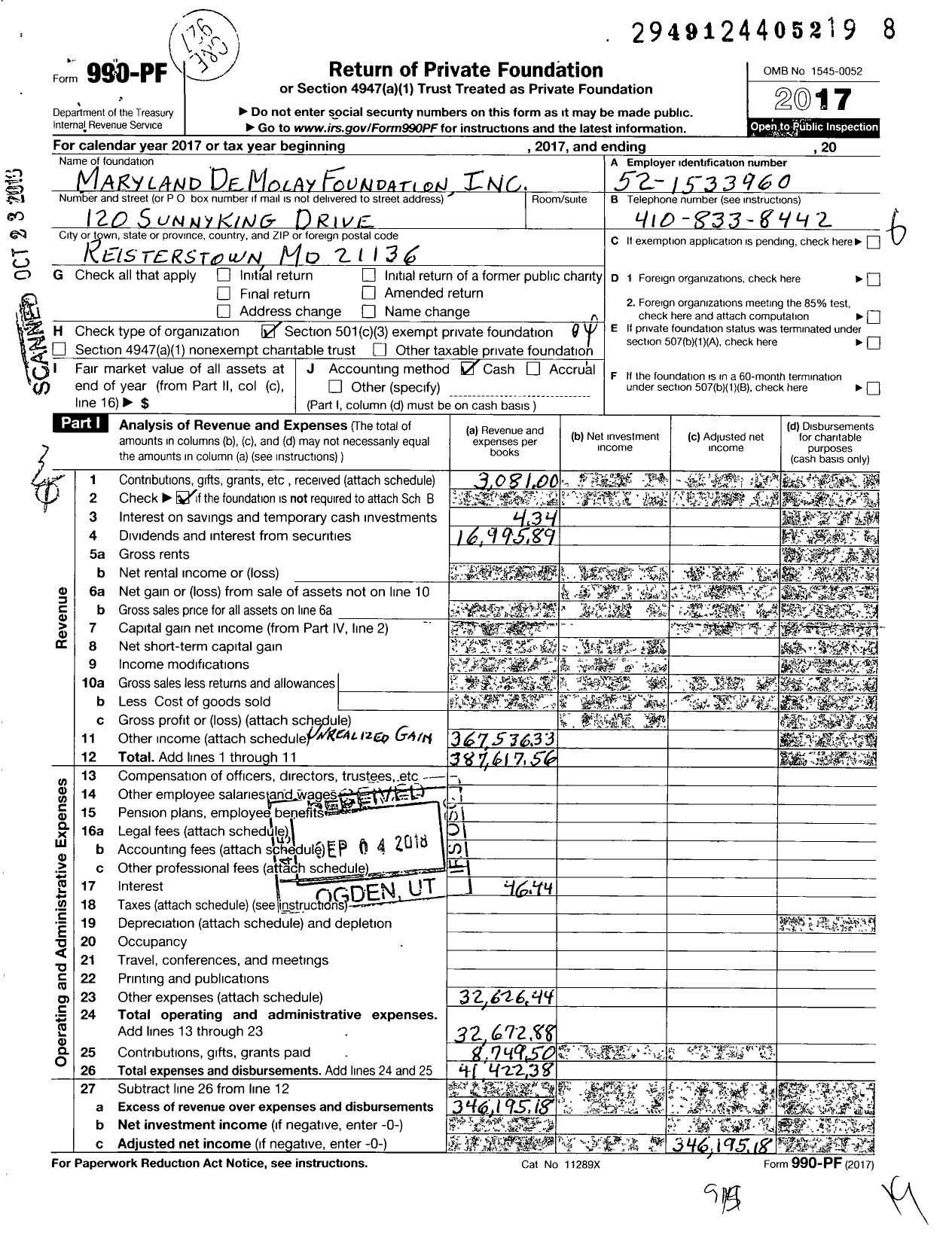 Image of first page of 2017 Form 990PF for Maryland Demolay Foundation