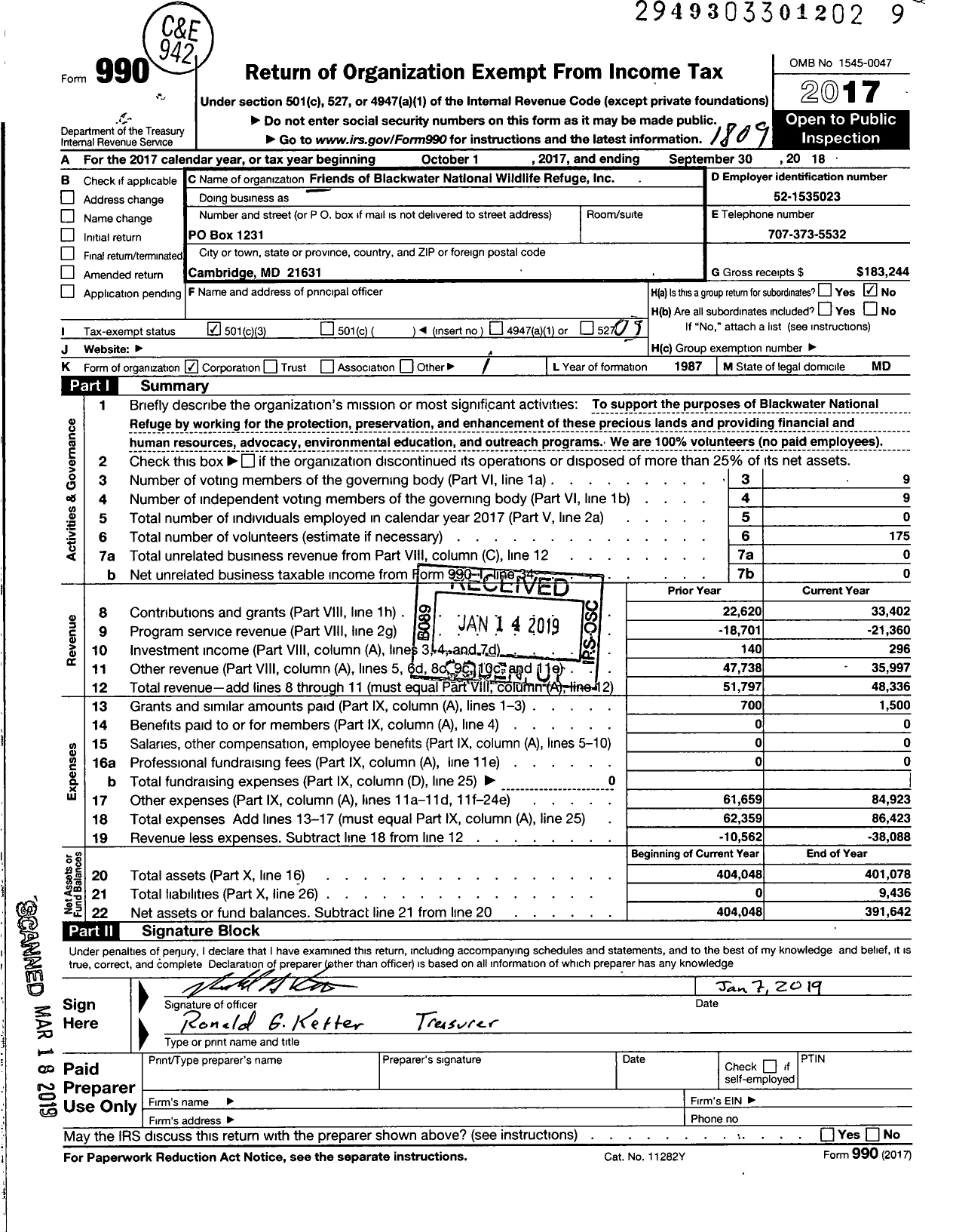 Image of first page of 2017 Form 990 for Friends of Blackwater Incorporated