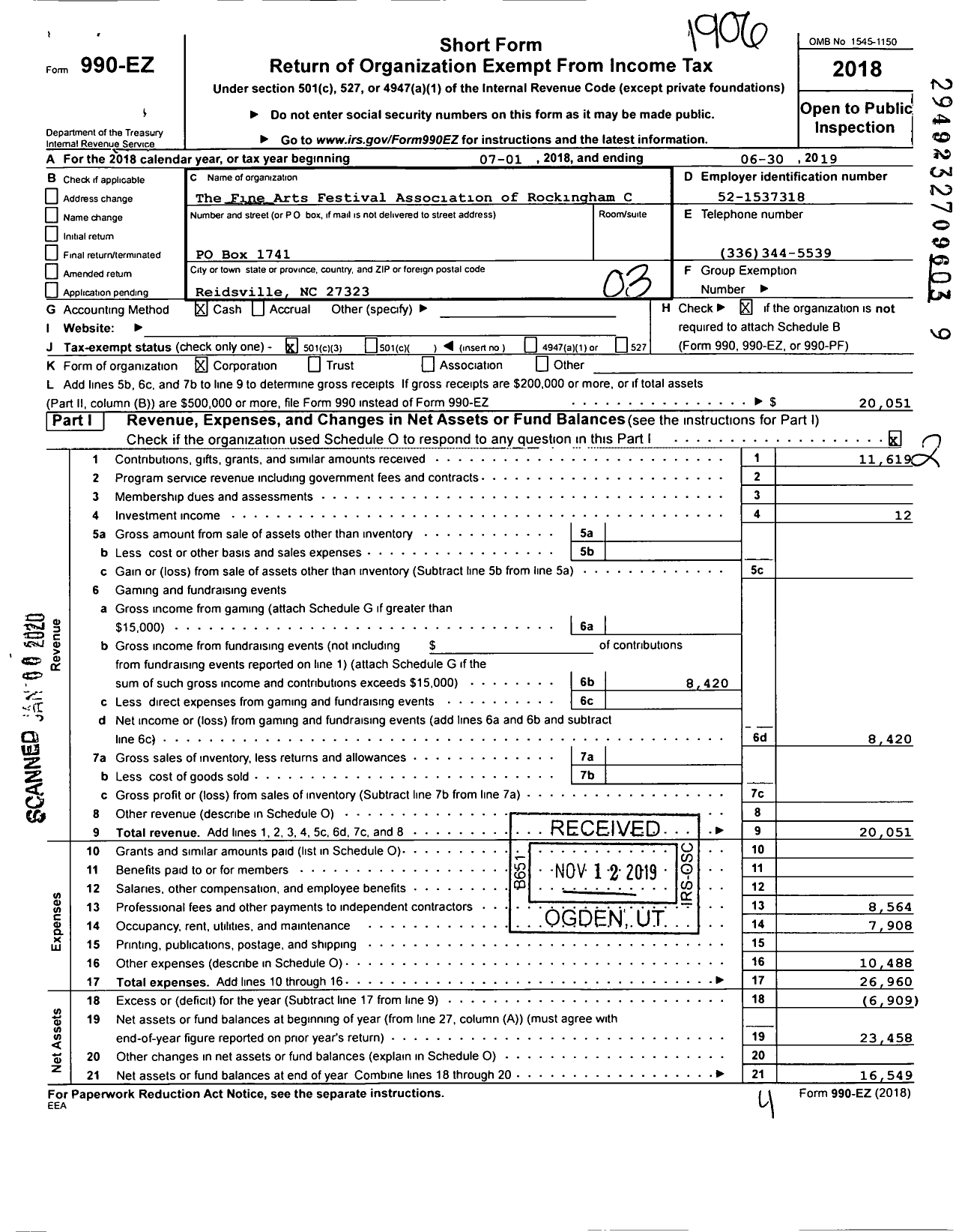 Image of first page of 2018 Form 990EZ for The Fine Arts Festival Association of Rockingham County