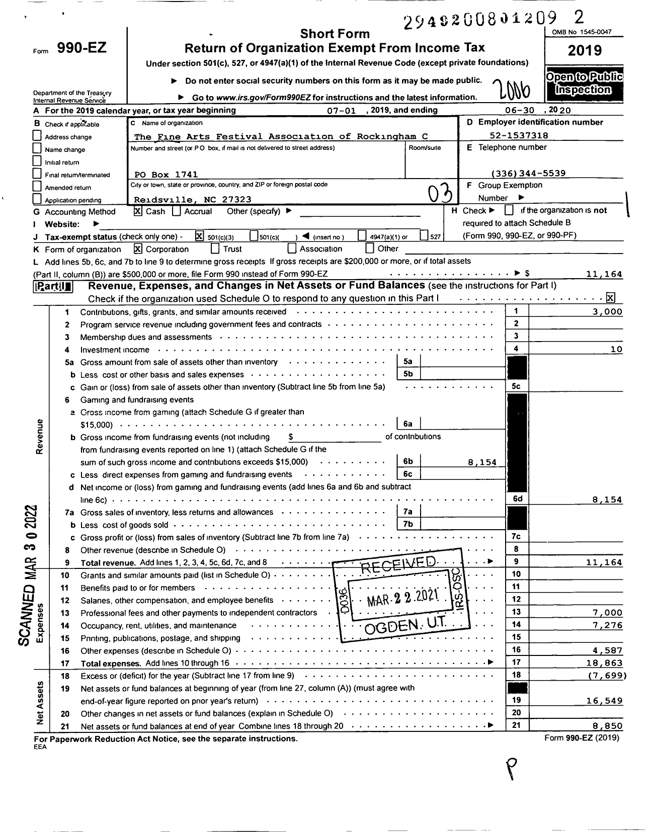 Image of first page of 2019 Form 990EZ for The Fine Arts Festival Association of Rockingham County