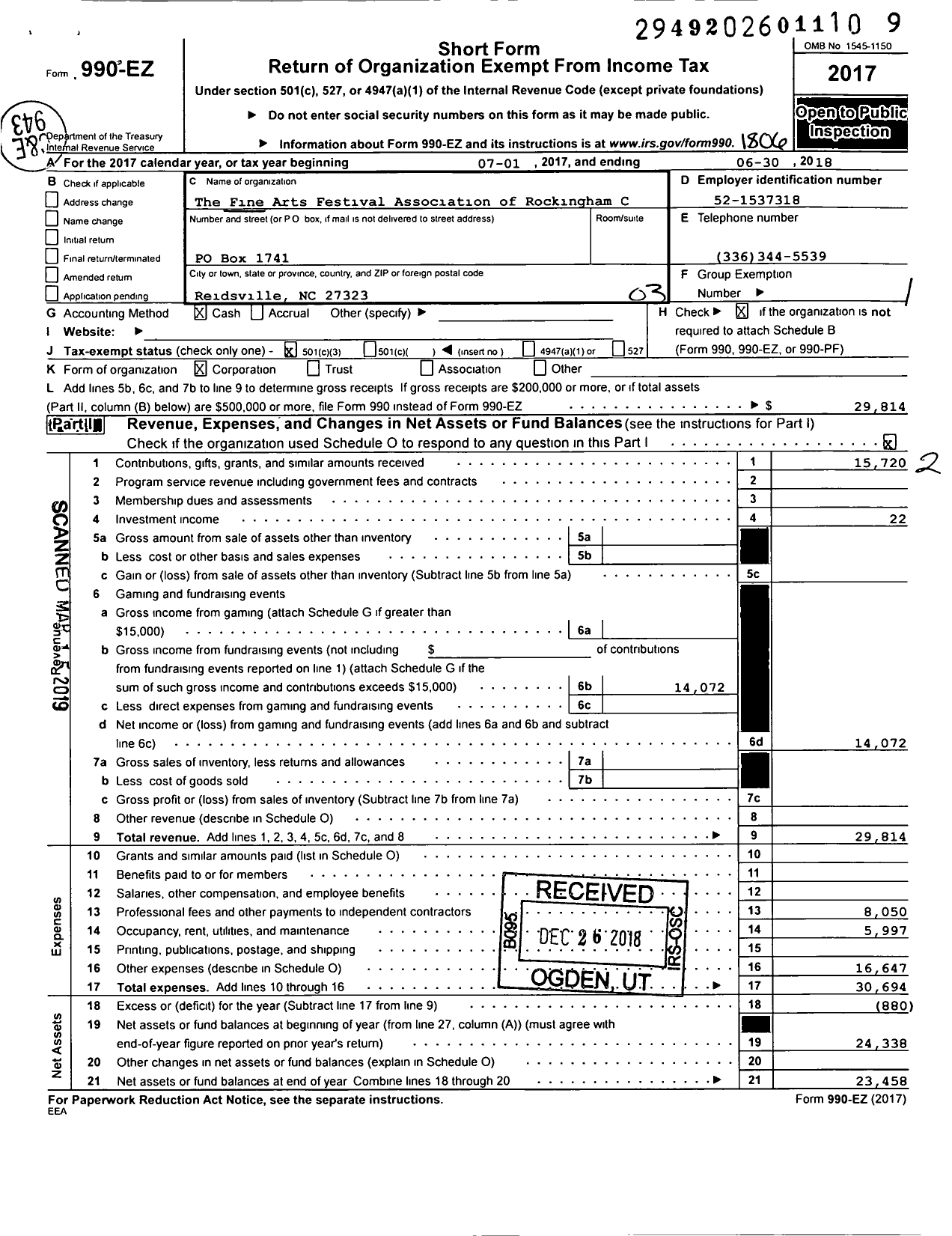 Image of first page of 2017 Form 990EZ for The Fine Arts Festival Association of Rockingham County