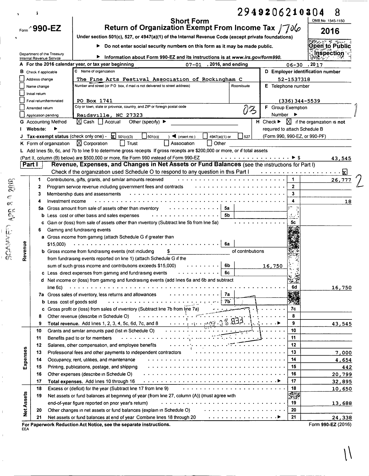 Image of first page of 2016 Form 990EZ for The Fine Arts Festival Association of Rockingham County