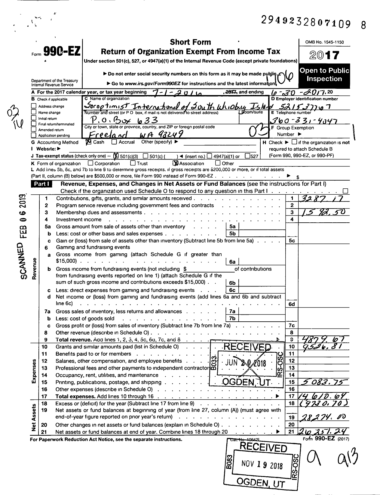 Image of first page of 2016 Form 990EZ for Soroptimist International of the Americas - 111140 South Whidbey Wa