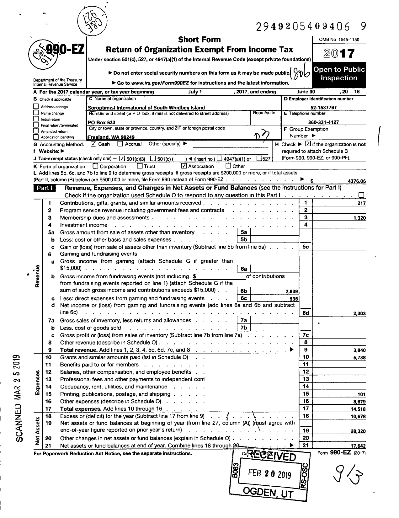 Image of first page of 2017 Form 990EZ for Soroptimist International of the Americas - 111140 South Whidbey Wa