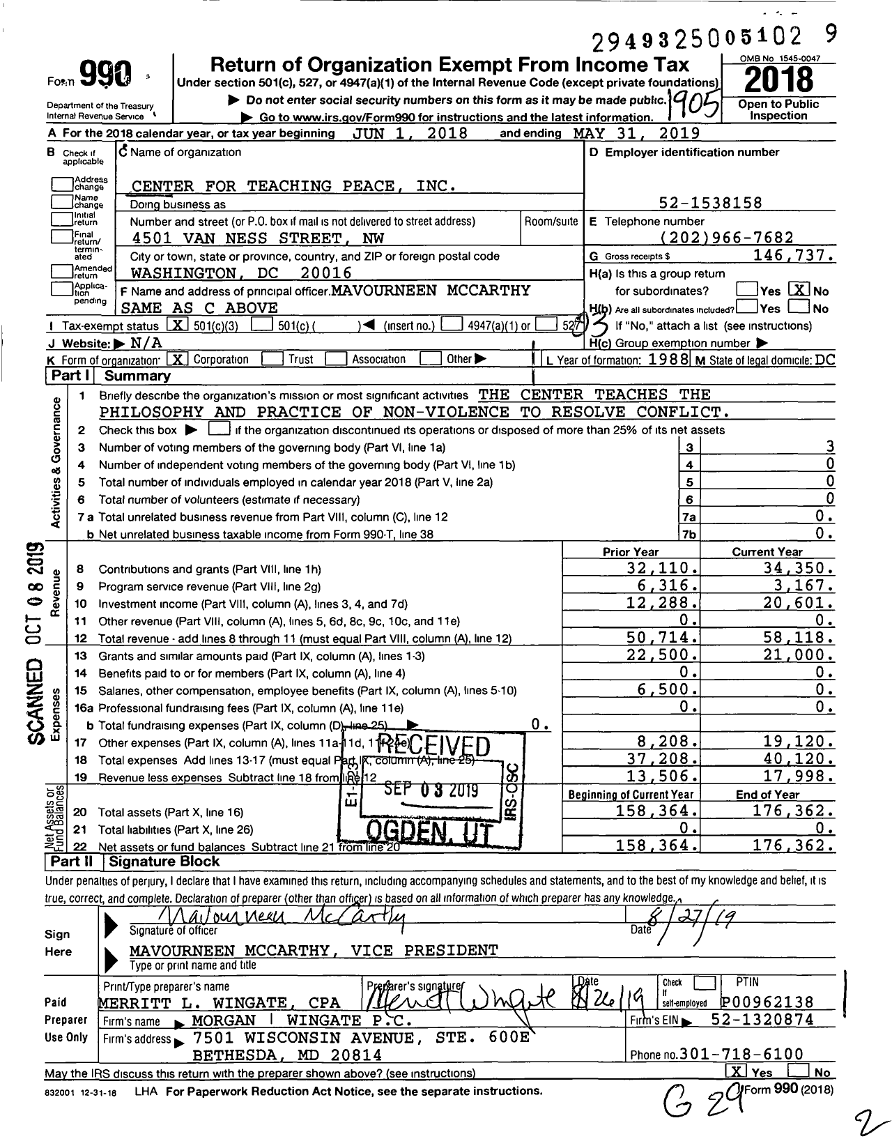 Image of first page of 2018 Form 990 for Center for Teaching Peace