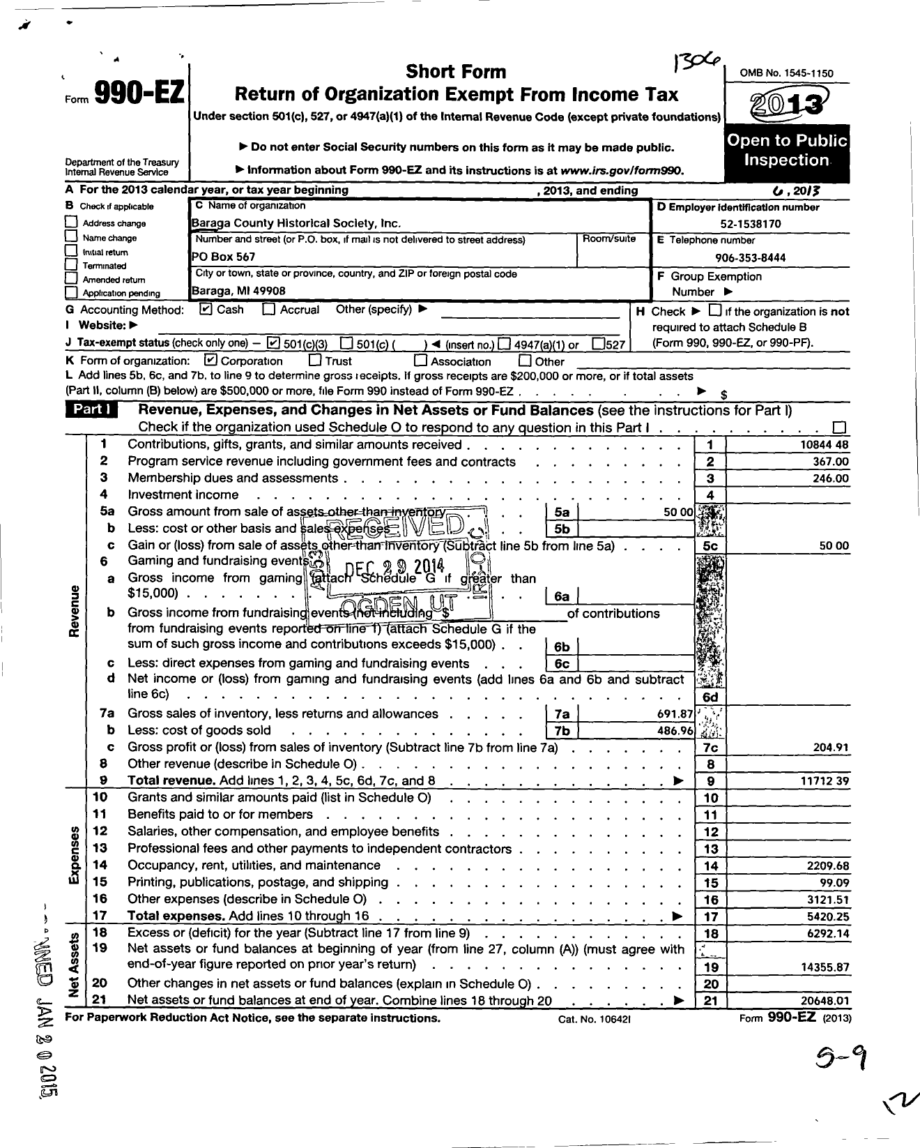 Image of first page of 2012 Form 990EZ for Baraga County Historical Society