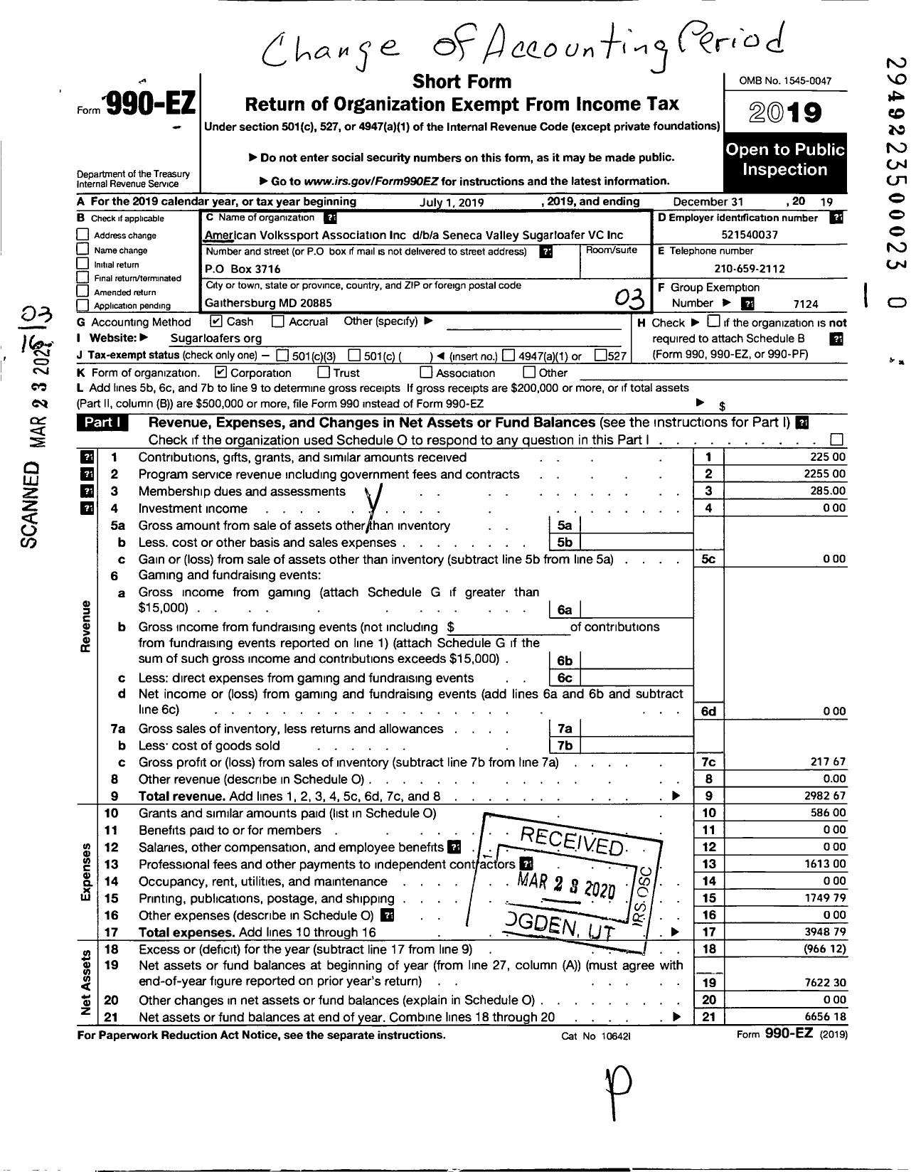 Image of first page of 2019 Form 990EZ for American Volkssport Association - 419 Seneca Valley Sugarloafers