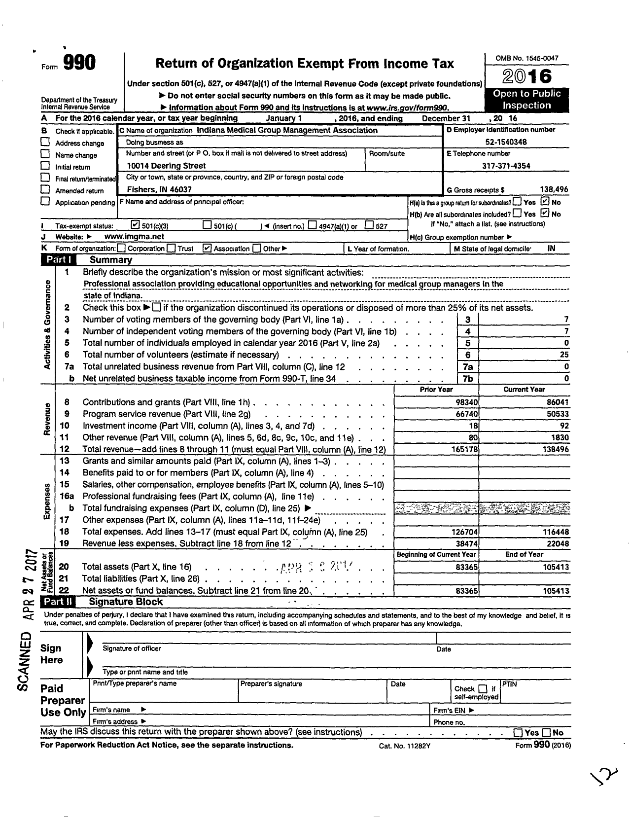 Image of first page of 2016 Form 990 for Indiana Medical Group Management Association