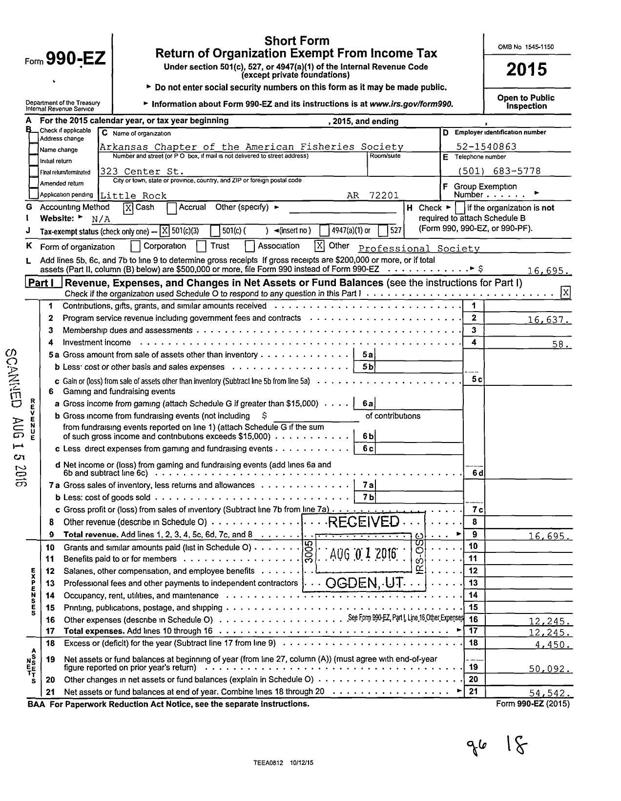 Image of first page of 2015 Form 990EZ for Arkansas Chapter of the American Fisheries Society