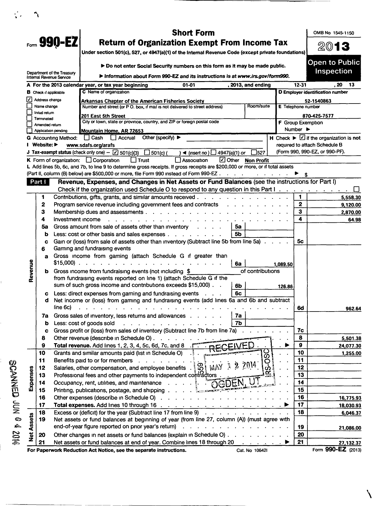 Image of first page of 2013 Form 990EZ for Arkansas Chapter of the American Fisheries Society