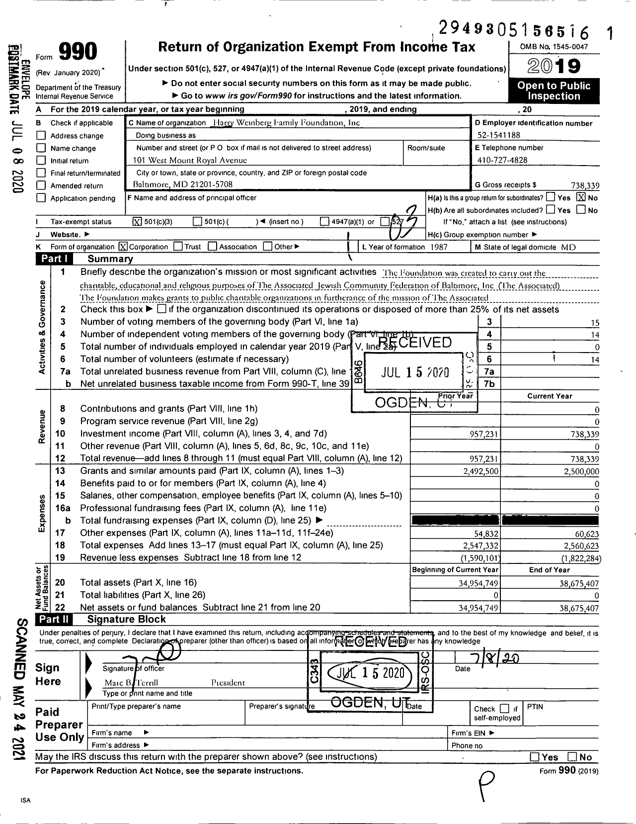 Image of first page of 2019 Form 990 for The Harry and Jeanette Weinberg Foundation